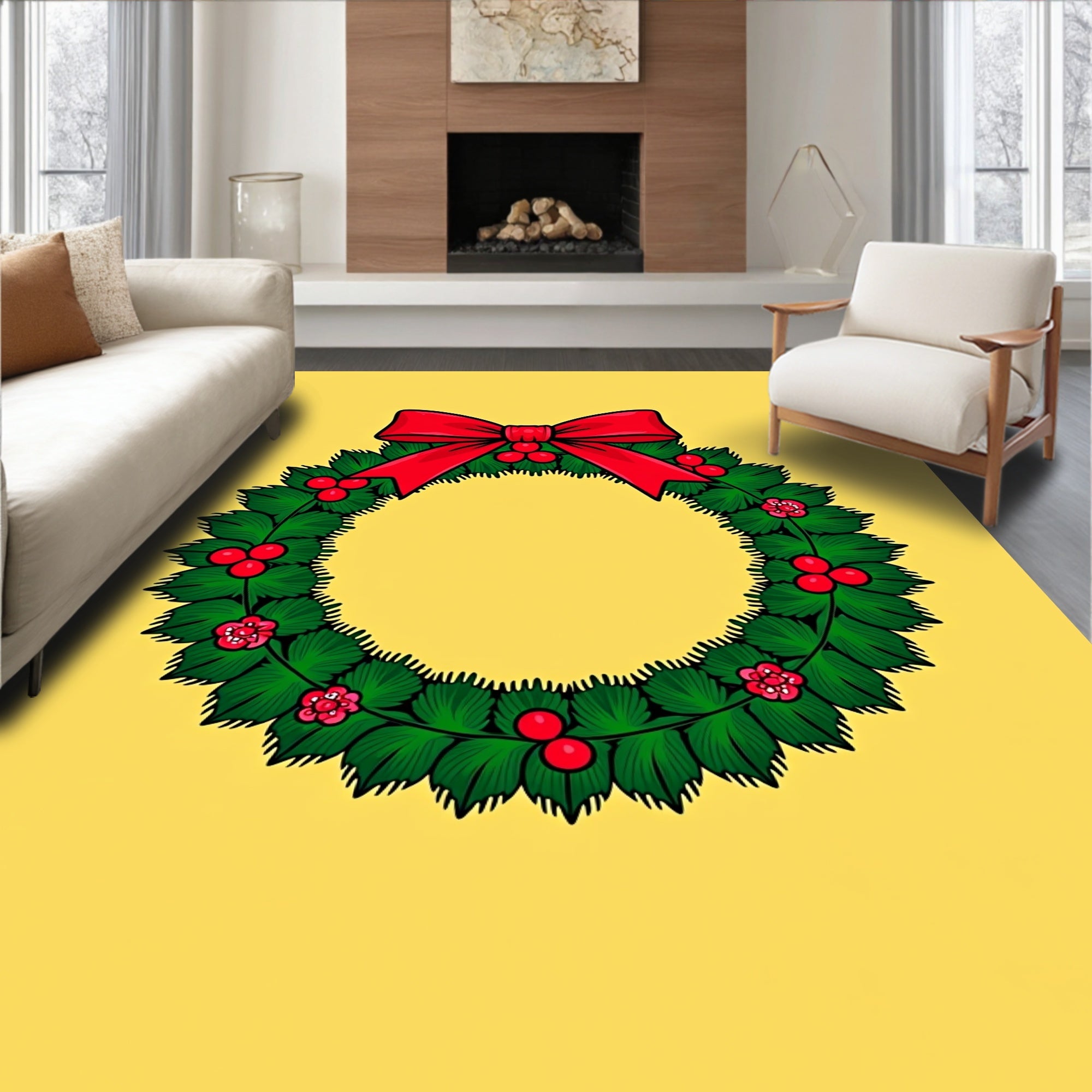 Red Festive Holly Berry Wreath Rug