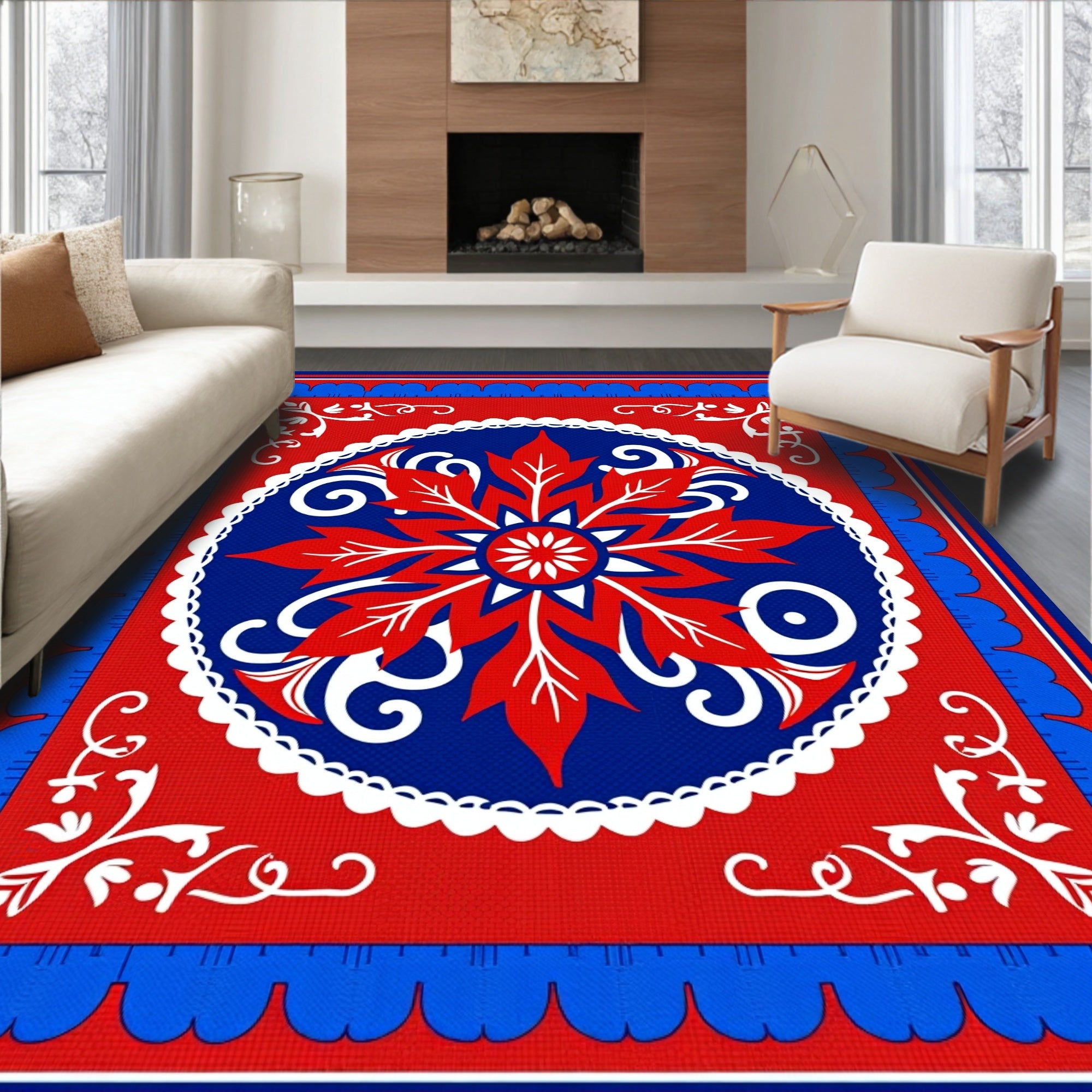 Red Blue Floral Round Mandalas Rug