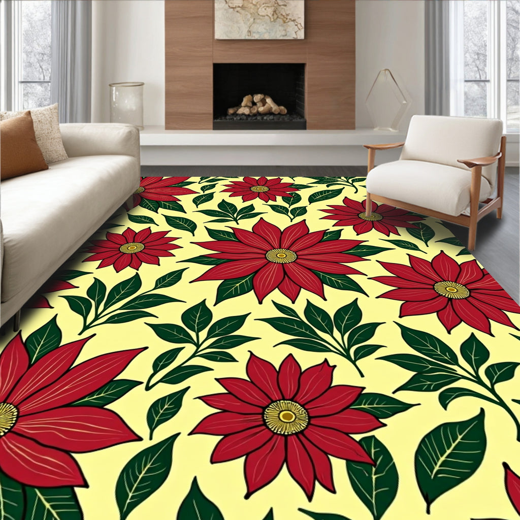 Red Floral Blossom Leafy Yellow Rug