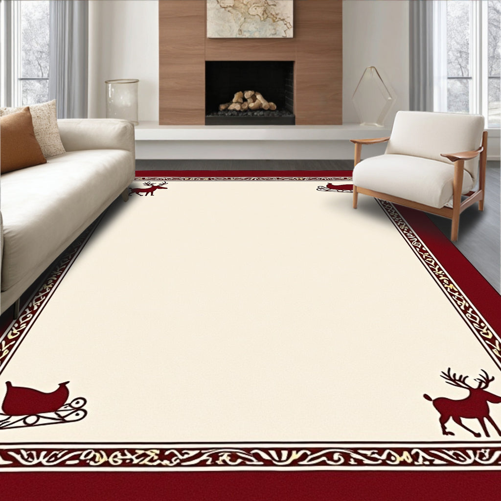 Crimson Reindeer Sleigh Border Rug