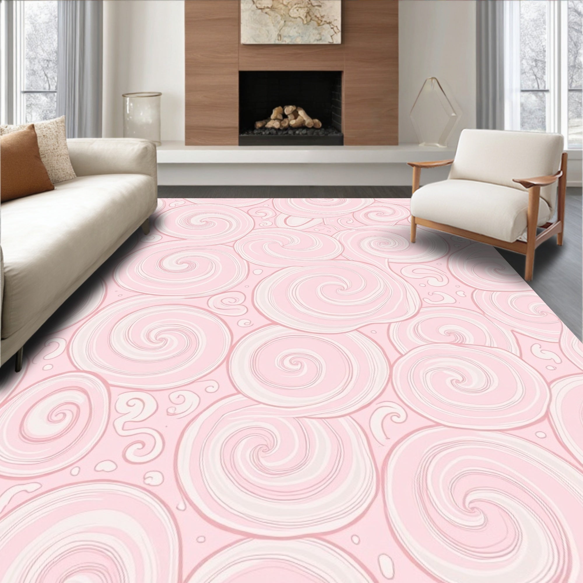 Pink Swirls Curled Clouds Rug