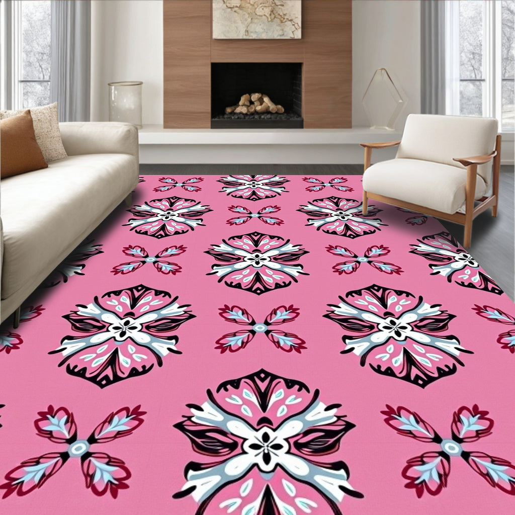 Pink floral medallion with blue accents Rug