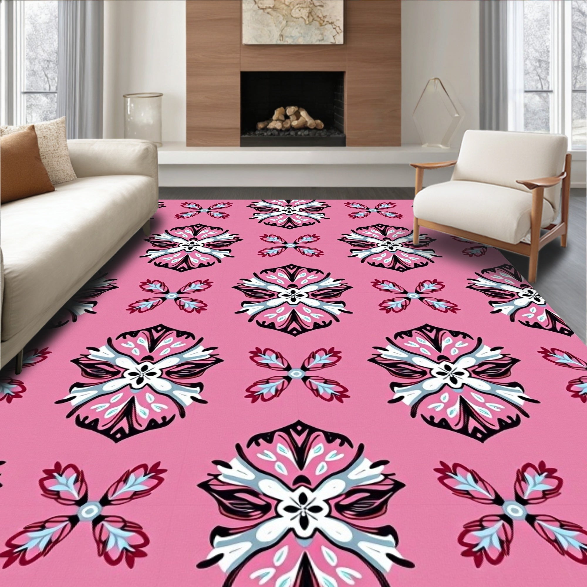 Pink floral medallion with blue accents Rug