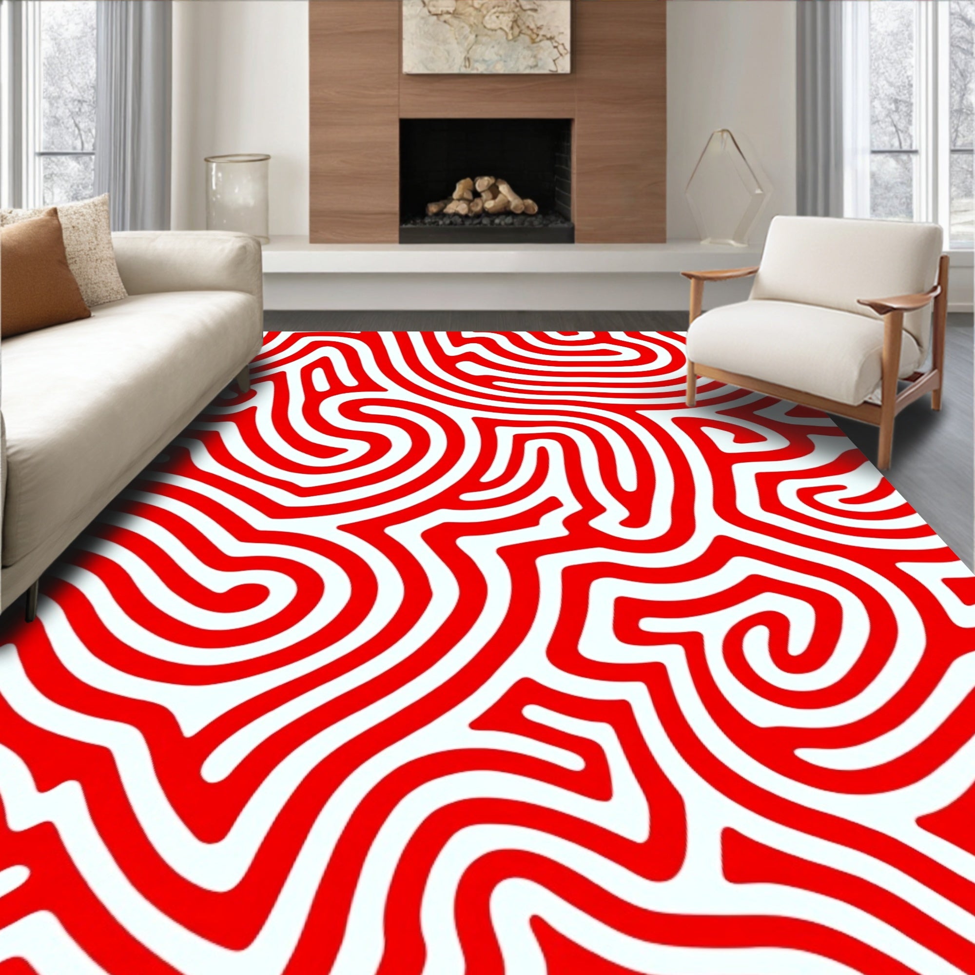 Bold Red Abstract Swirl Lines Rug