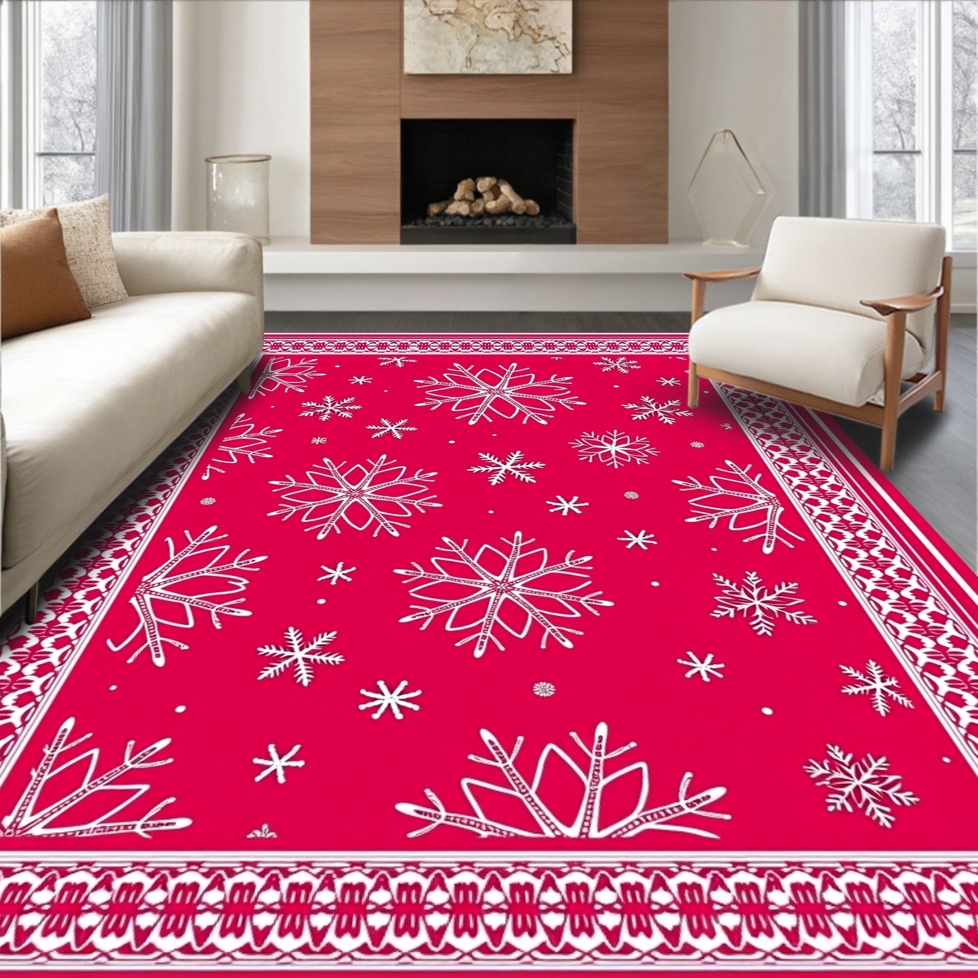 Crimson Snowflakes Decorative Border Rug