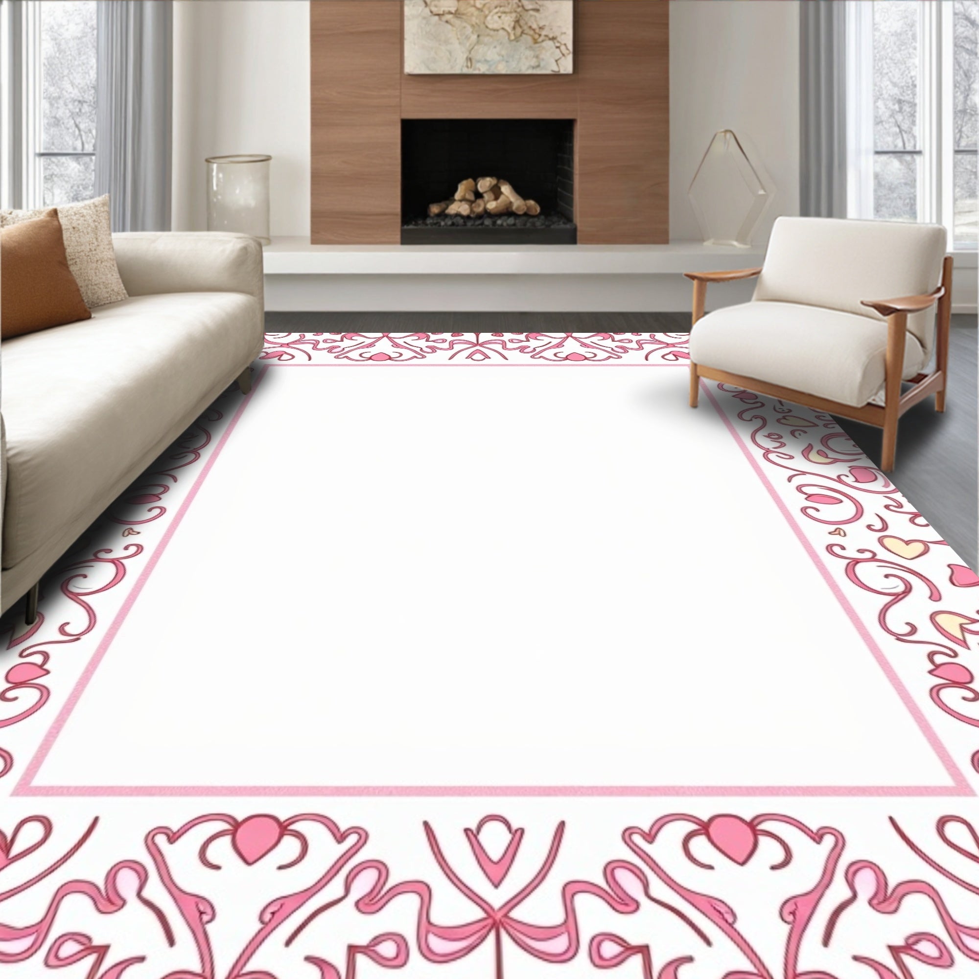 Pink Heart Filigree Border Rug