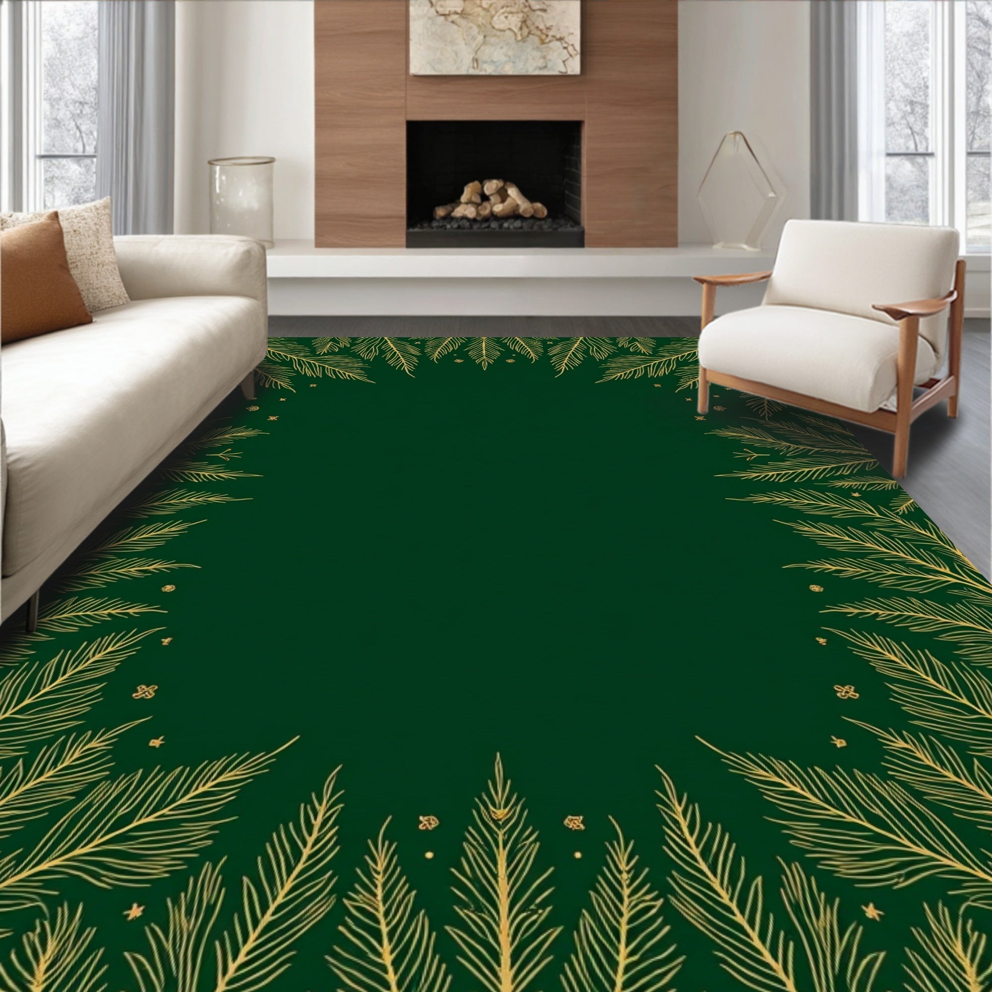 Emerald Green Golden Feather Border Rug