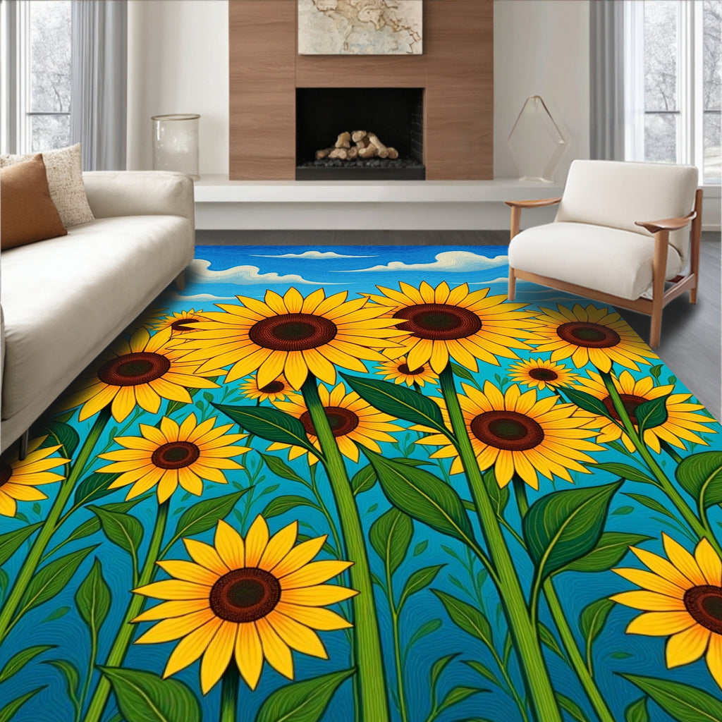 Golden Sunflower Field Blue Sky Rug