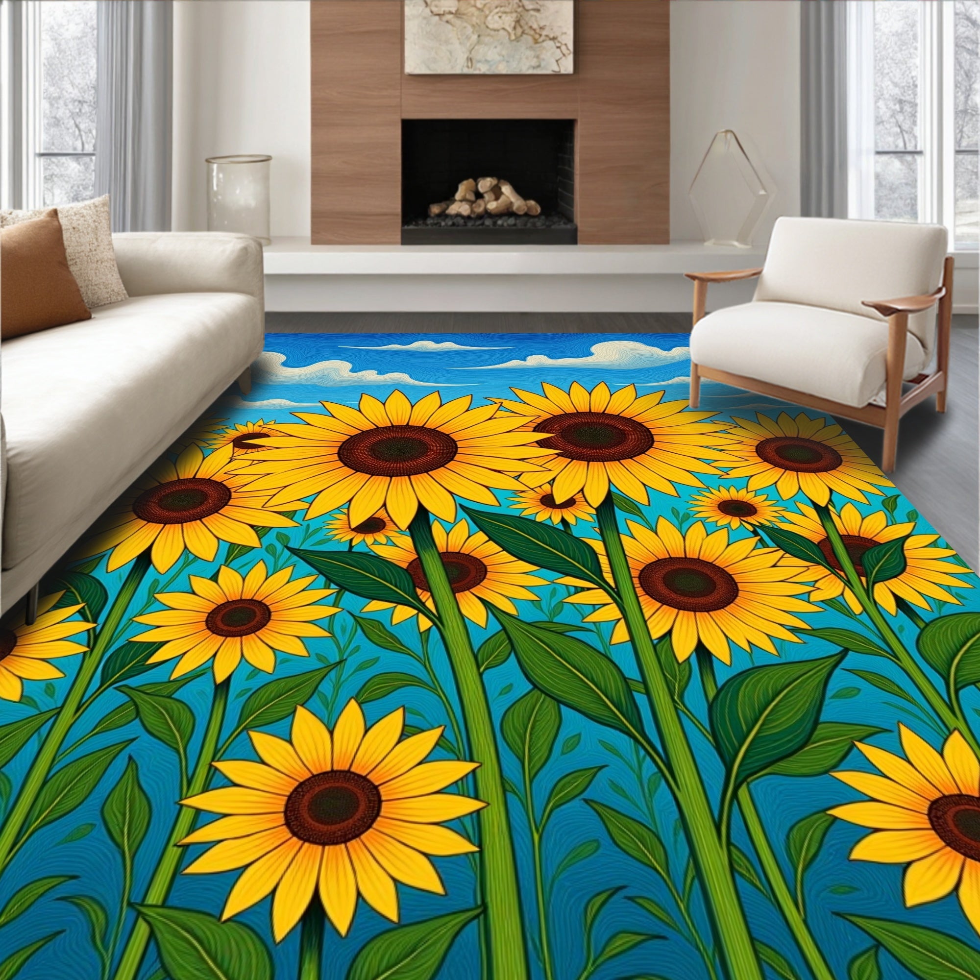 Golden Sunflower Field Blue Sky Rug