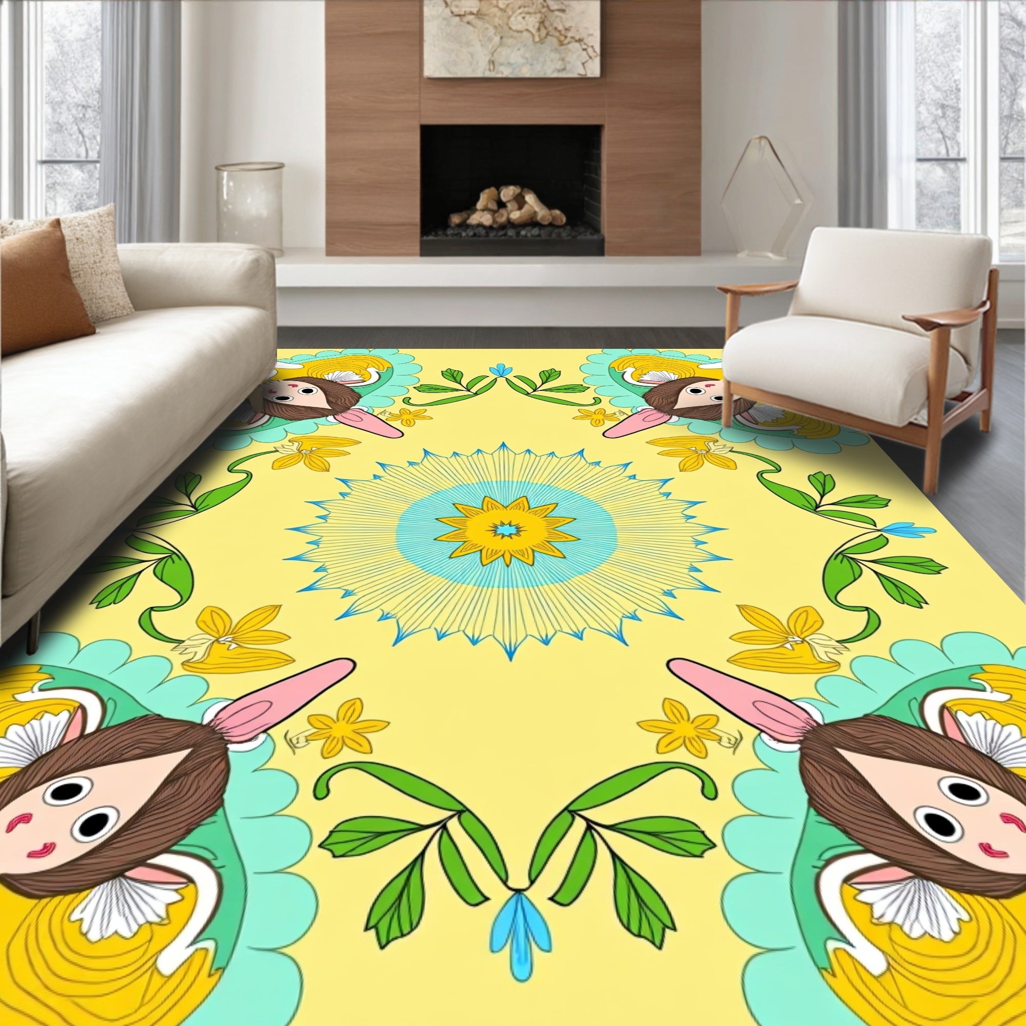 Yellow Cartoon Character Floral Rug