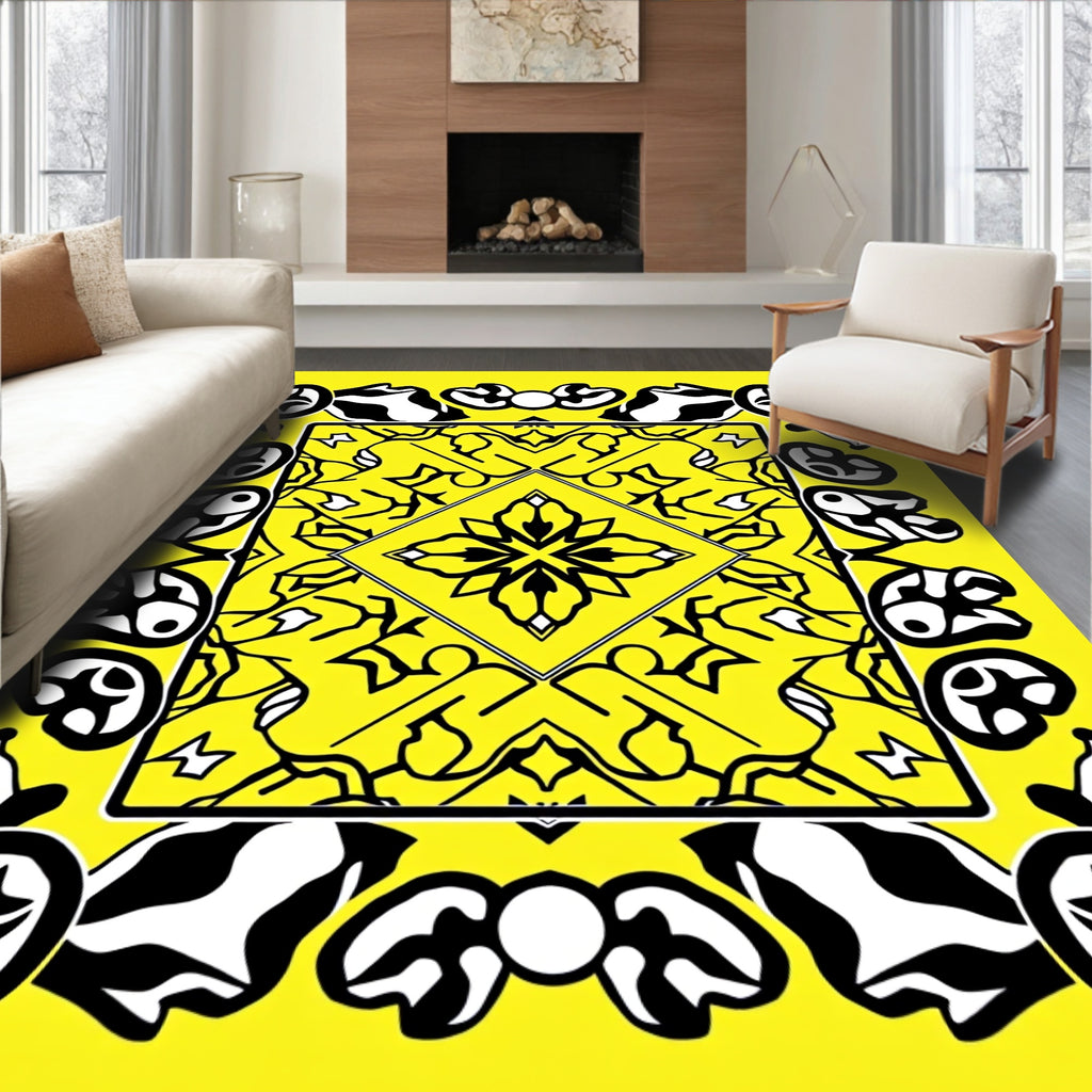 Yellow and Black Abstract Geometric Medallion Rug