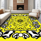 Yellow and Black Abstract Geometric Medallion Rug