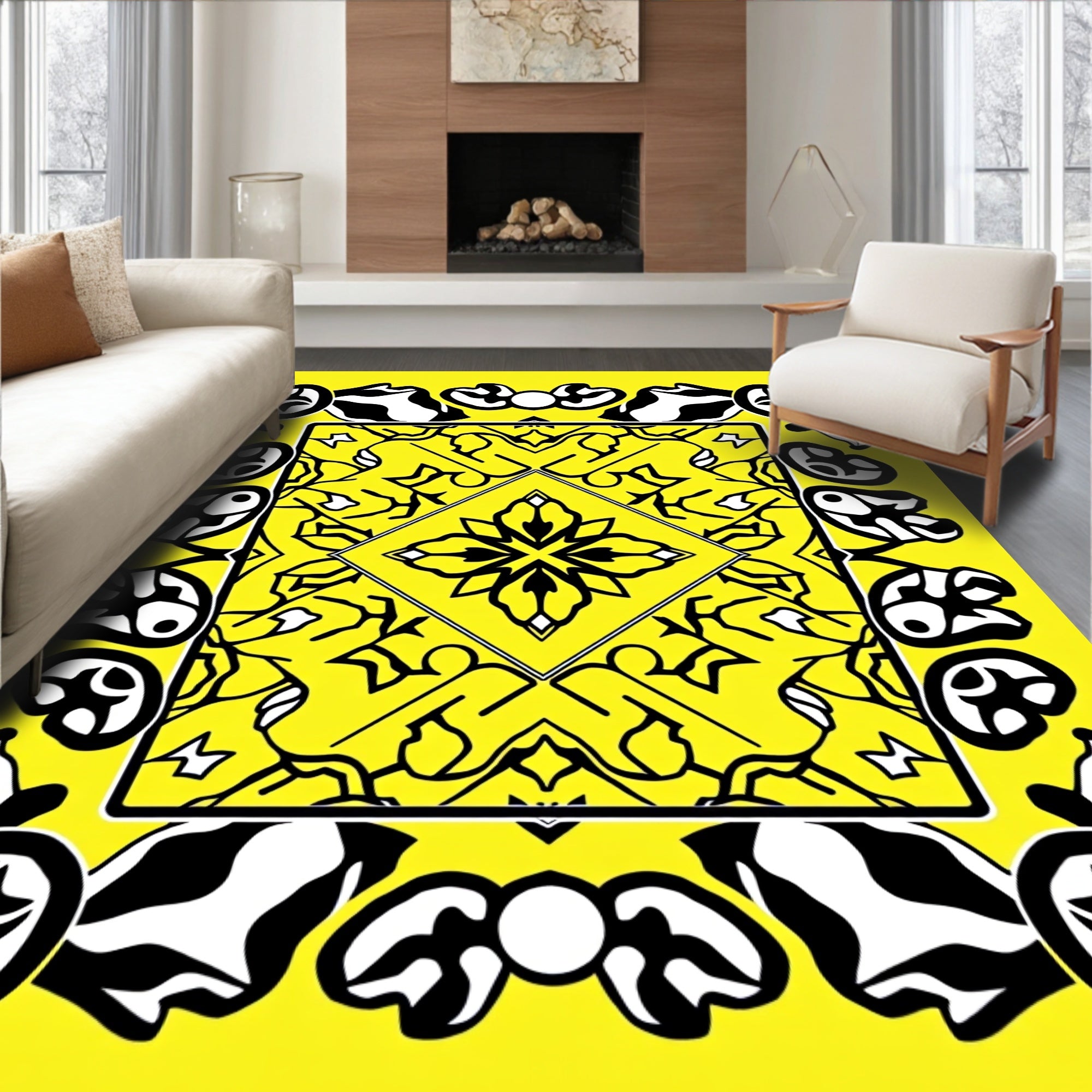 Yellow and Black Abstract Geometric Medallion Rug