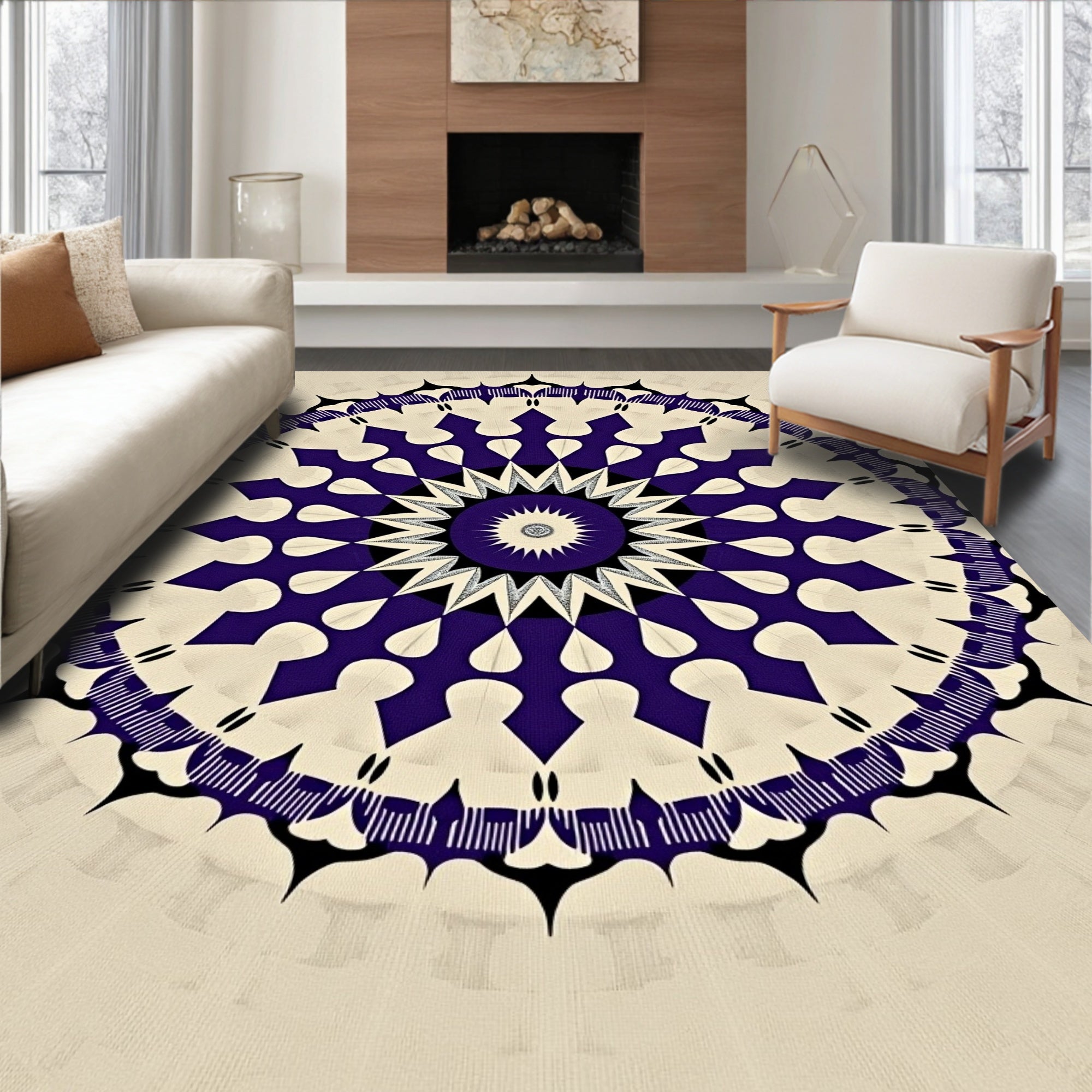 Deep Purple Cream Sunburst Mandala Rug