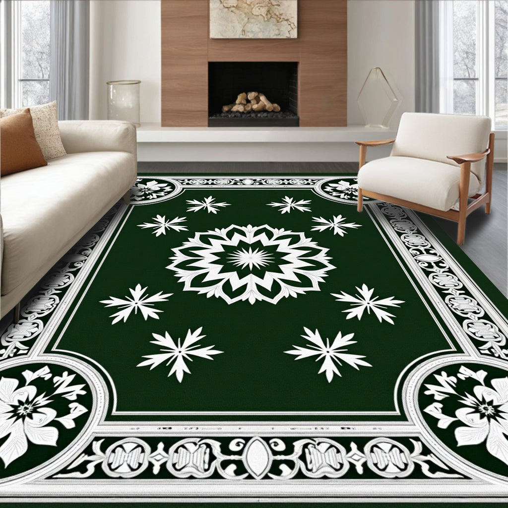 Dark Green White Starburst Floral Medallion Rug