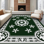 Dark Green White Starburst Floral Medallion Rug
