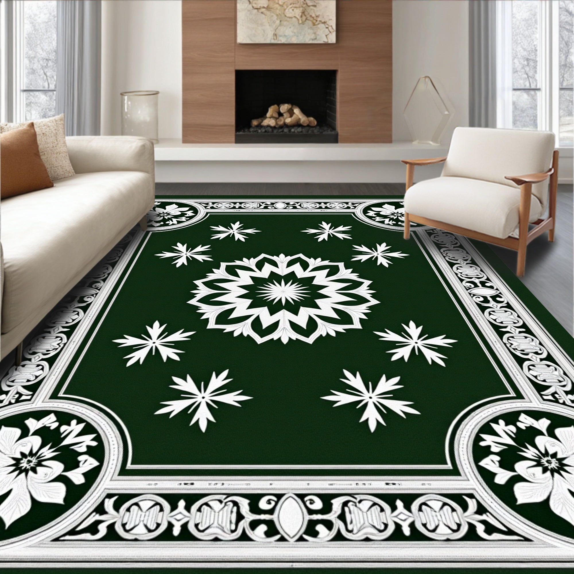 Dark Green White Starburst Floral Medallion Rug