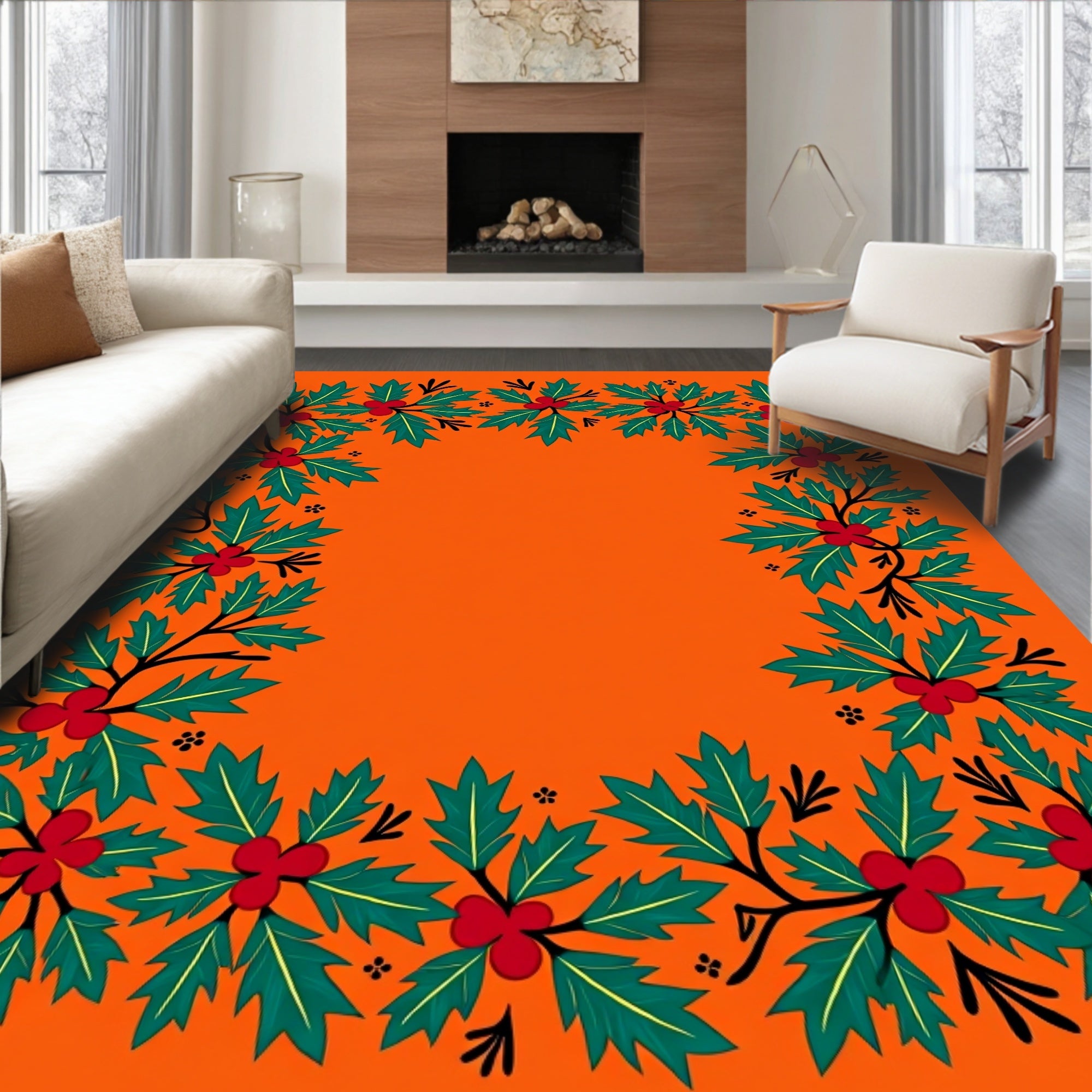 Orange Holly Berry Garland Border Rug