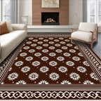 Brown White Floral medallion Border Rug