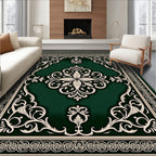 Emerald Green Cream Scroll Medallion Rug