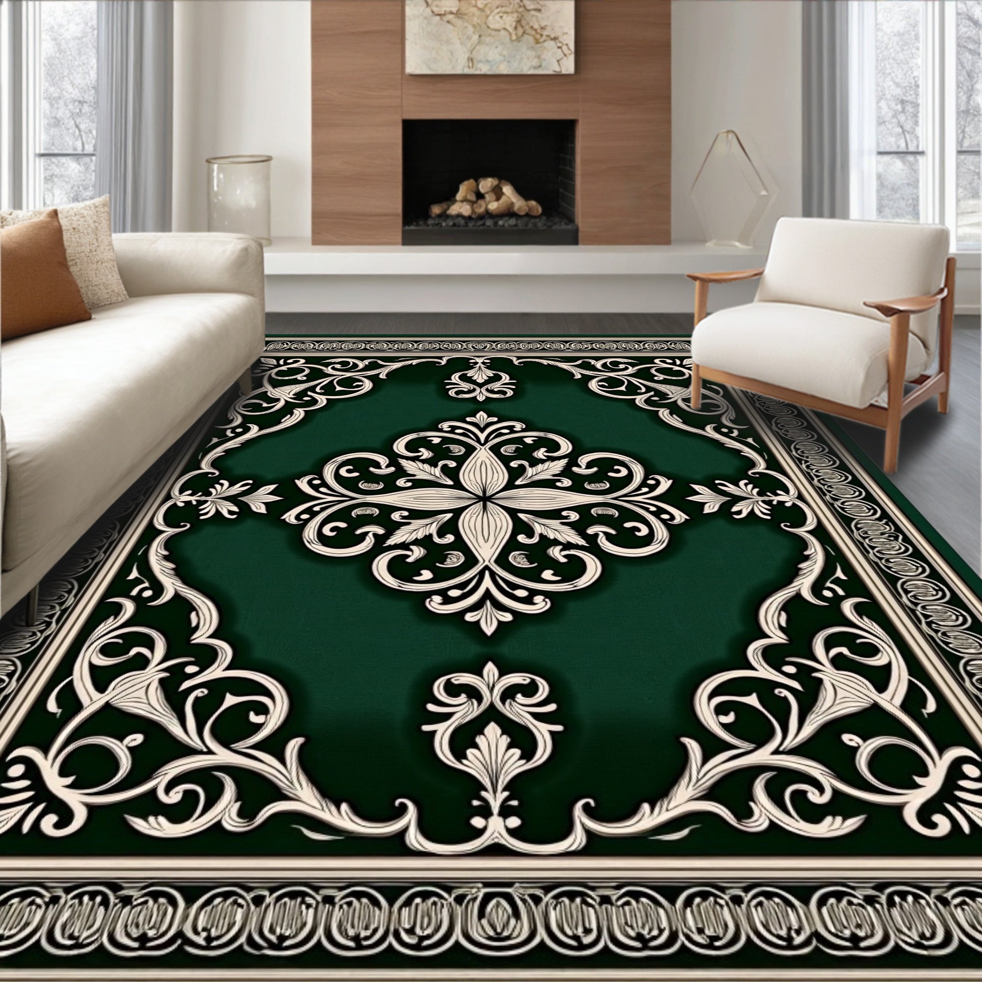 Emerald Green Cream Scroll Medallion Rug