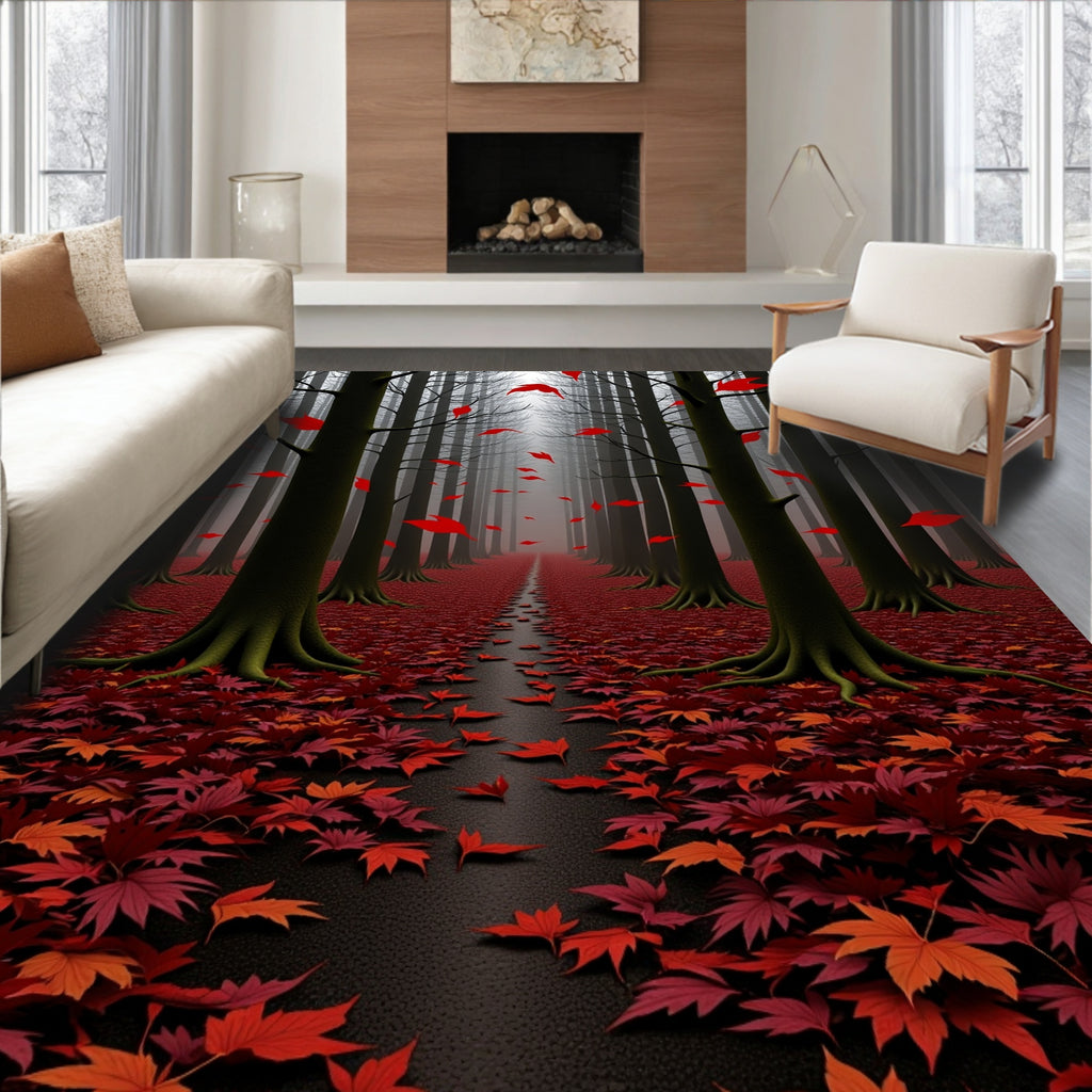 Crimson Autumn Forest Path Rug
