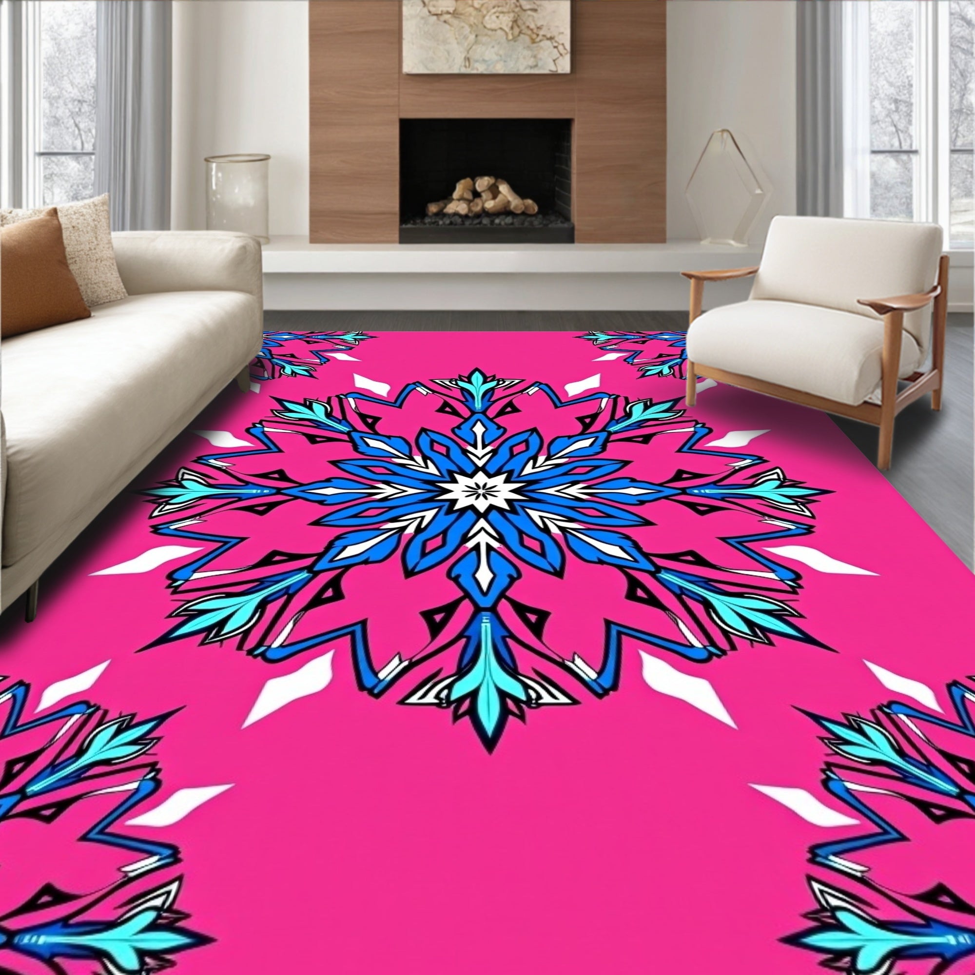 Bold Pink Blue Floral Starburst Medallion Rug