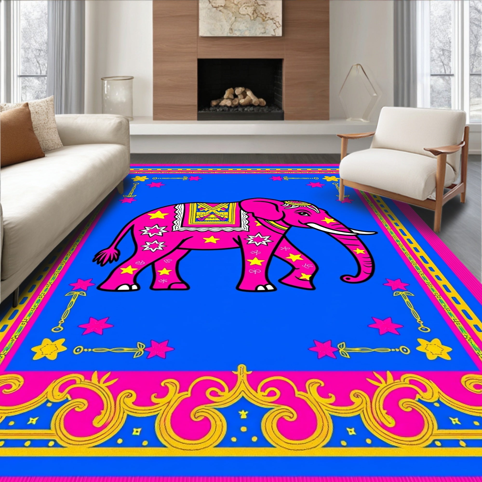 Vibrant Pink Elephant Medallion Border Rug