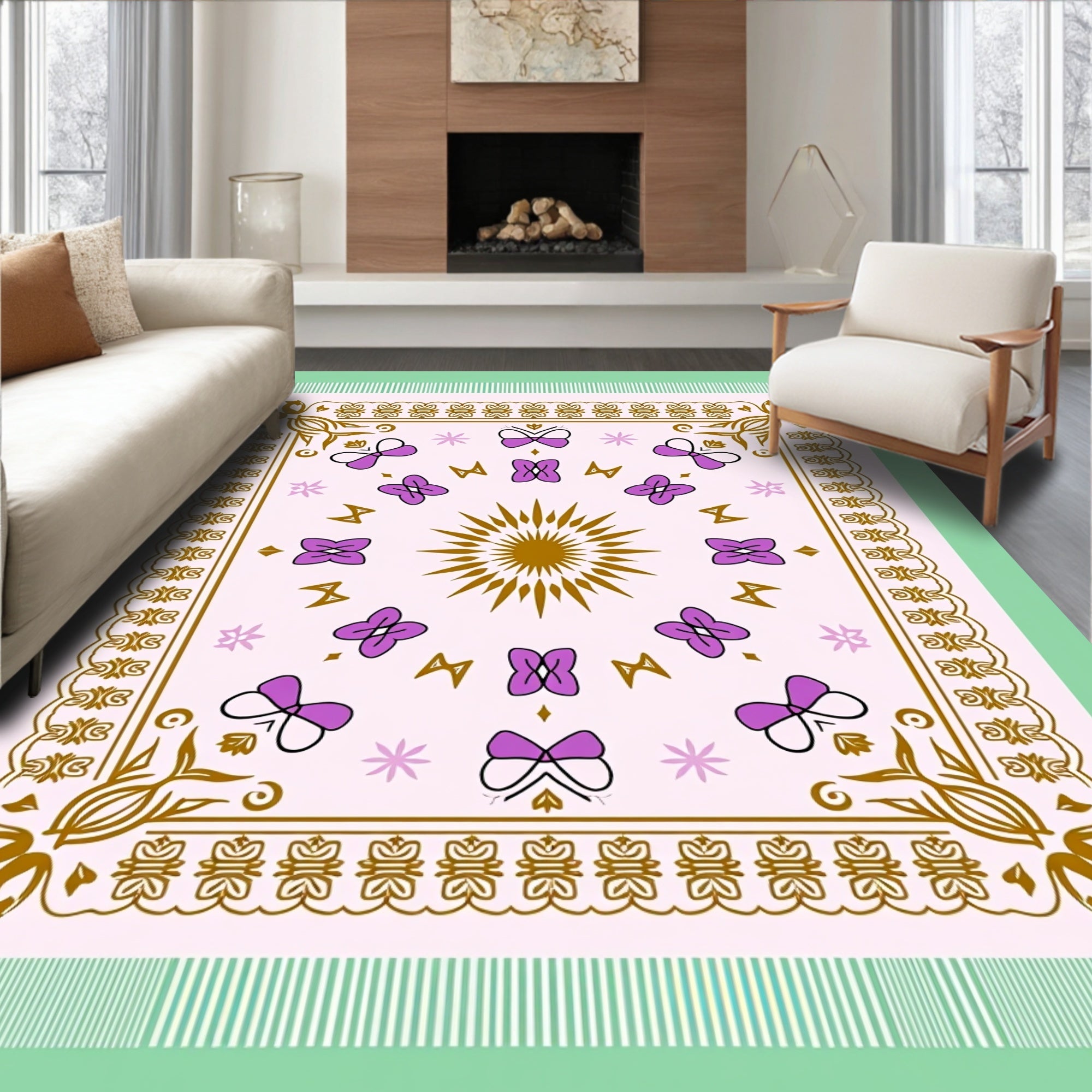 Golden Sun Purple Butterfly Floral Border Rug