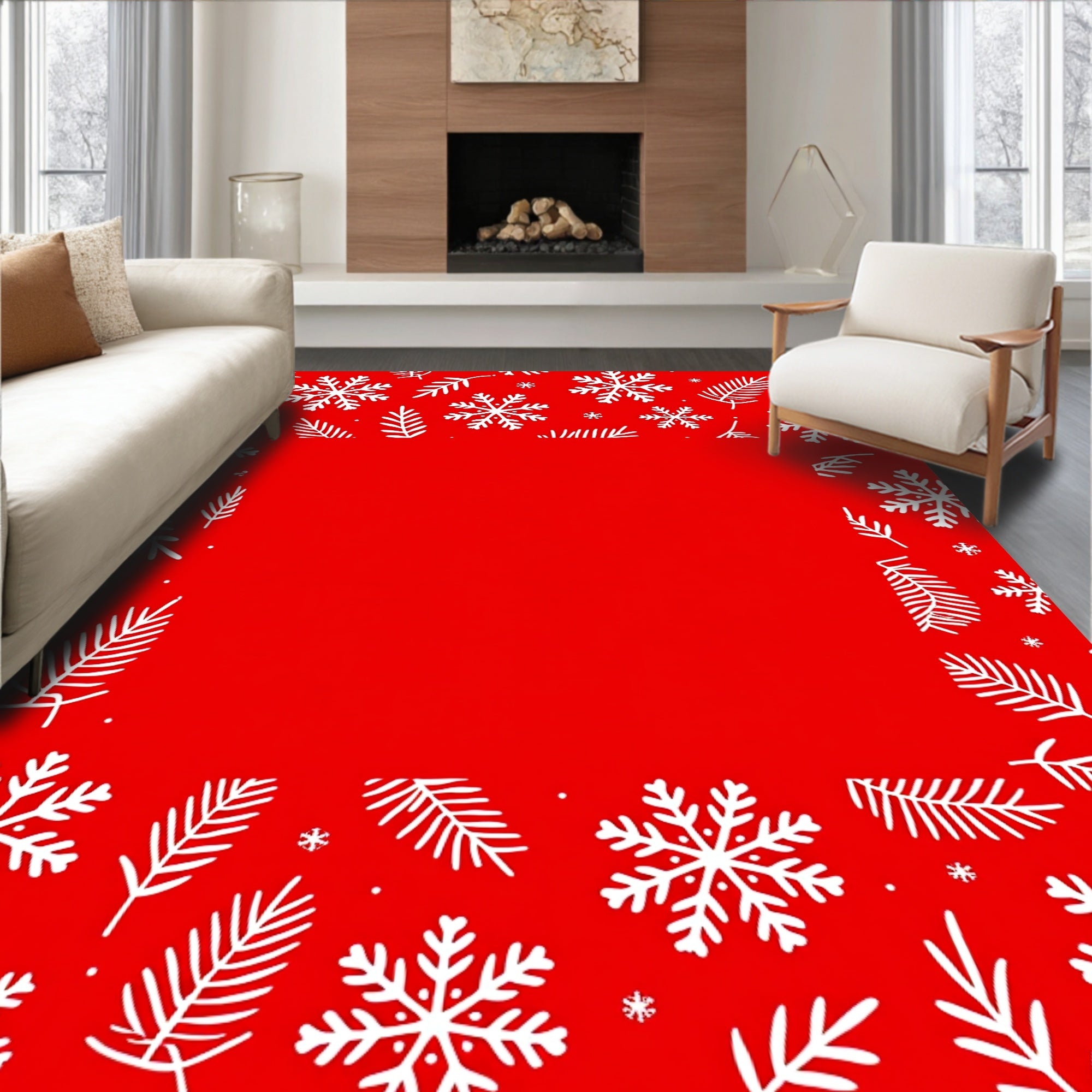 Red White Snowflake Twig Border Rug