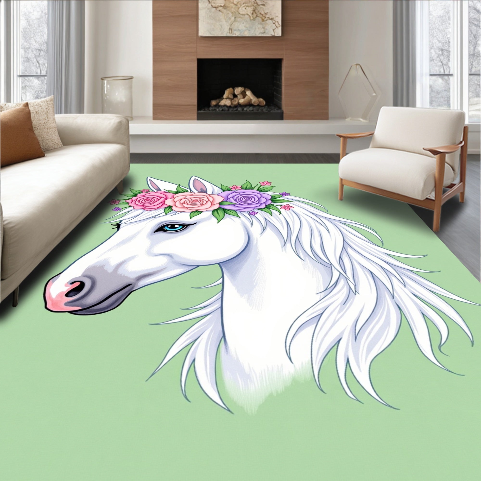 White Horse Floral Crown Pastel Roses Rug