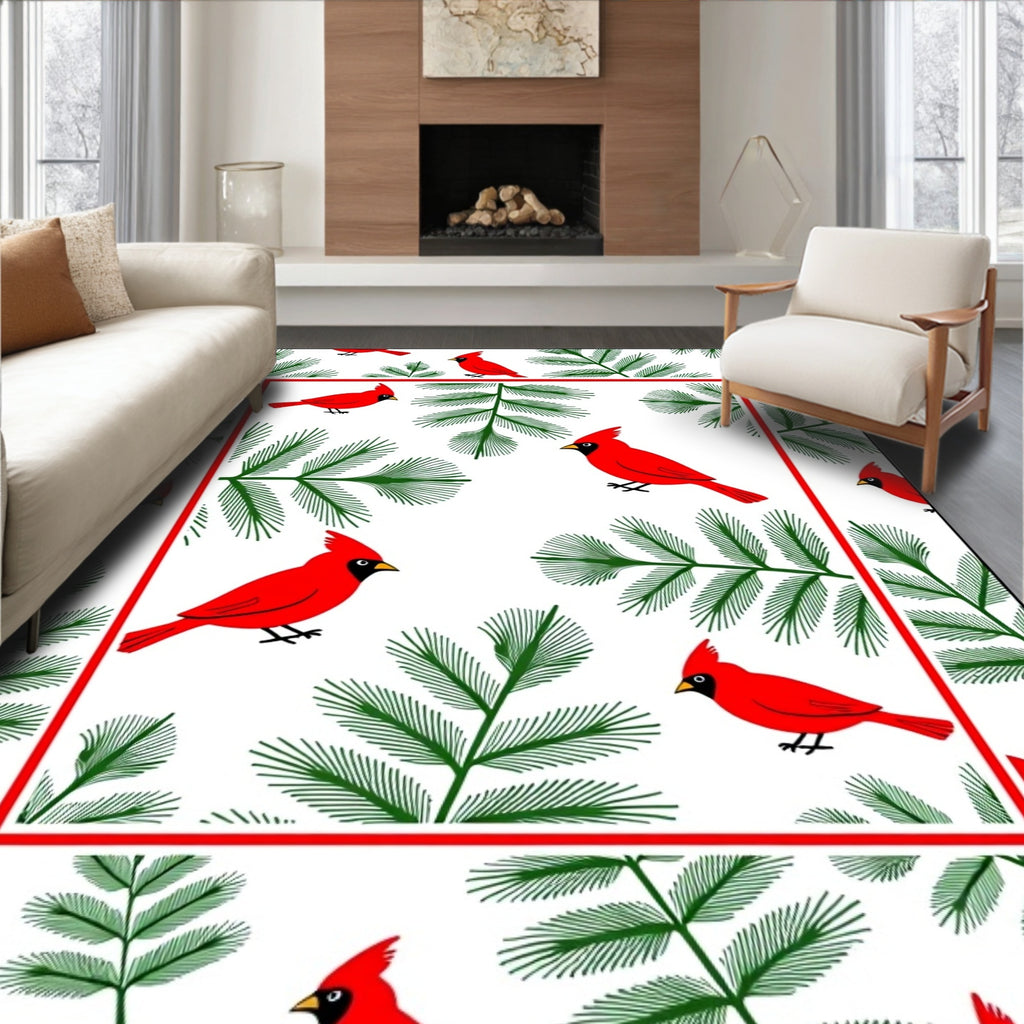 Crimson Cardinals Green Pine Boughs Rug