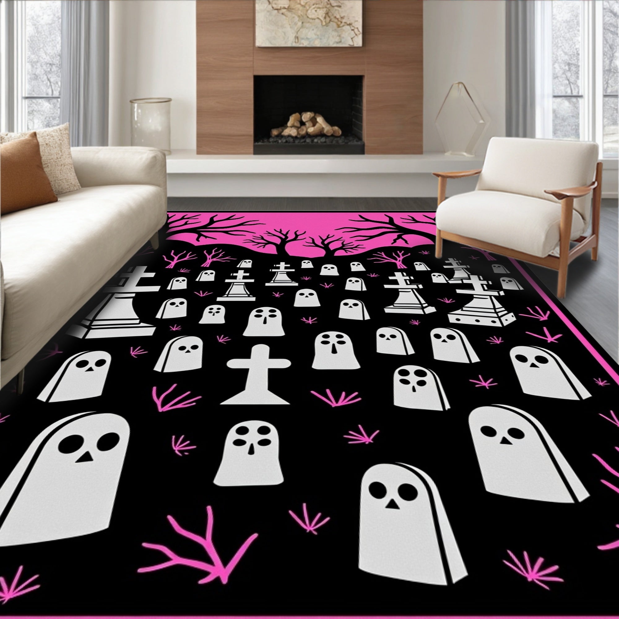 Spooky Pink Ghost Cemetery Scene Rug