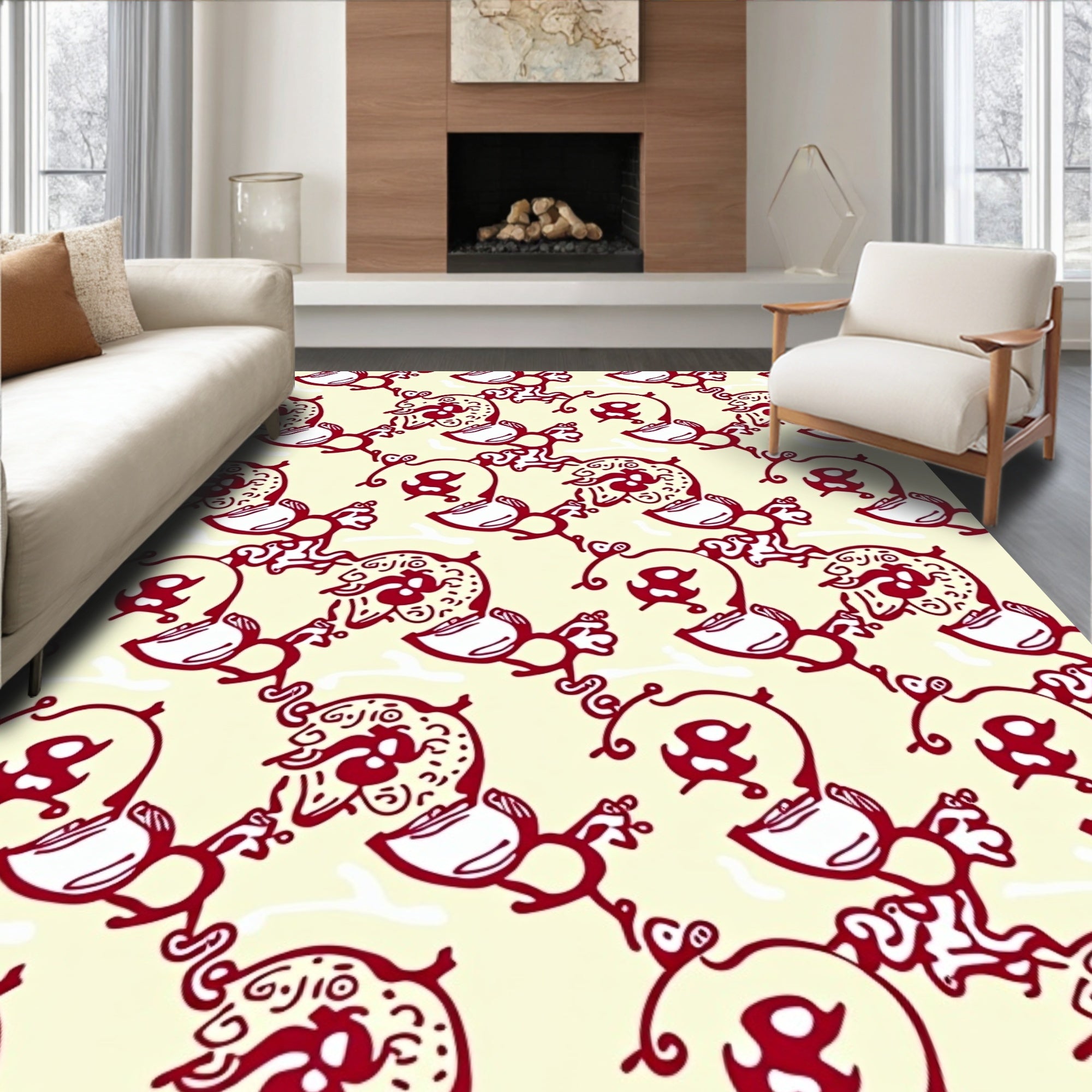 Crimson Folk Art Floral Border Rug