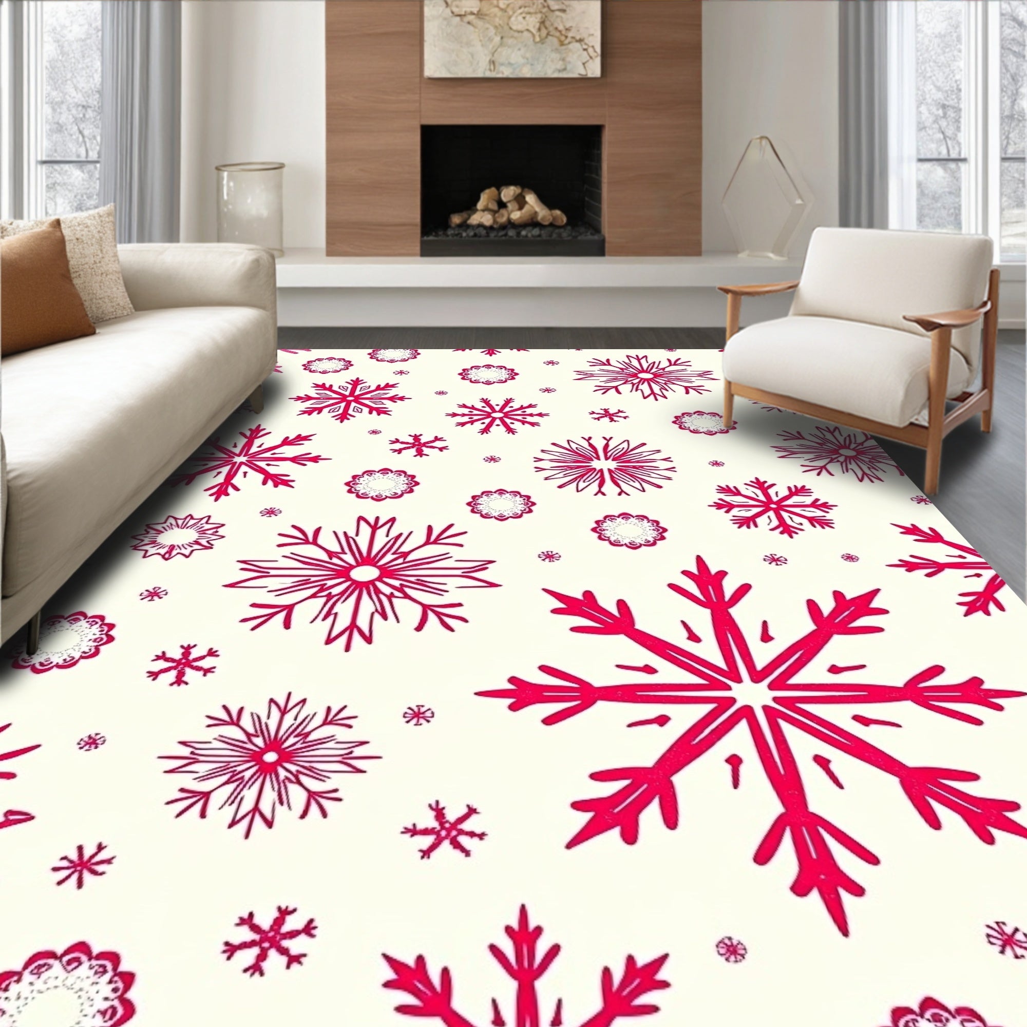 Crimson Snowflakes on Cream Background Rug