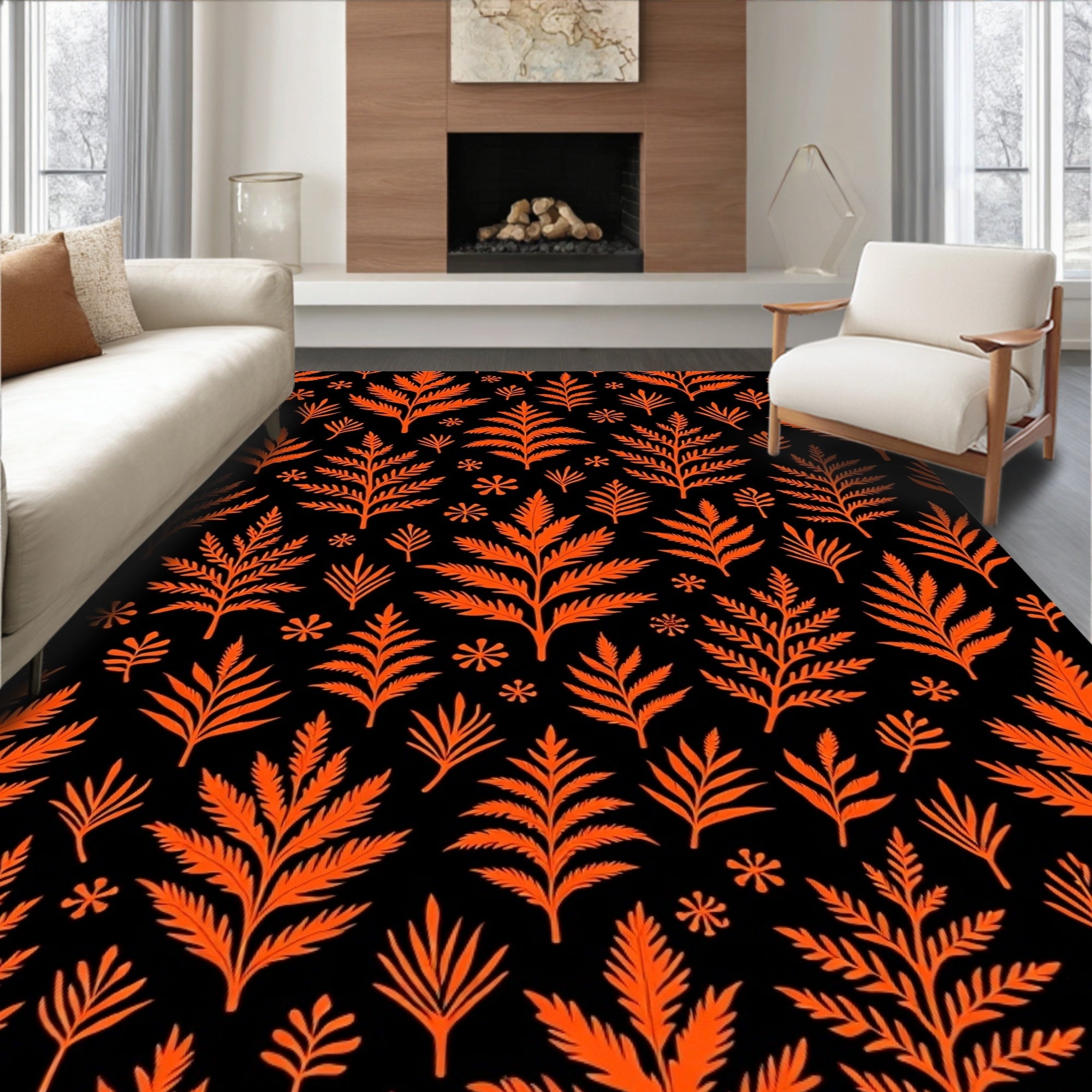 Vibrant Orange Fern Leaf Silhouette Rug