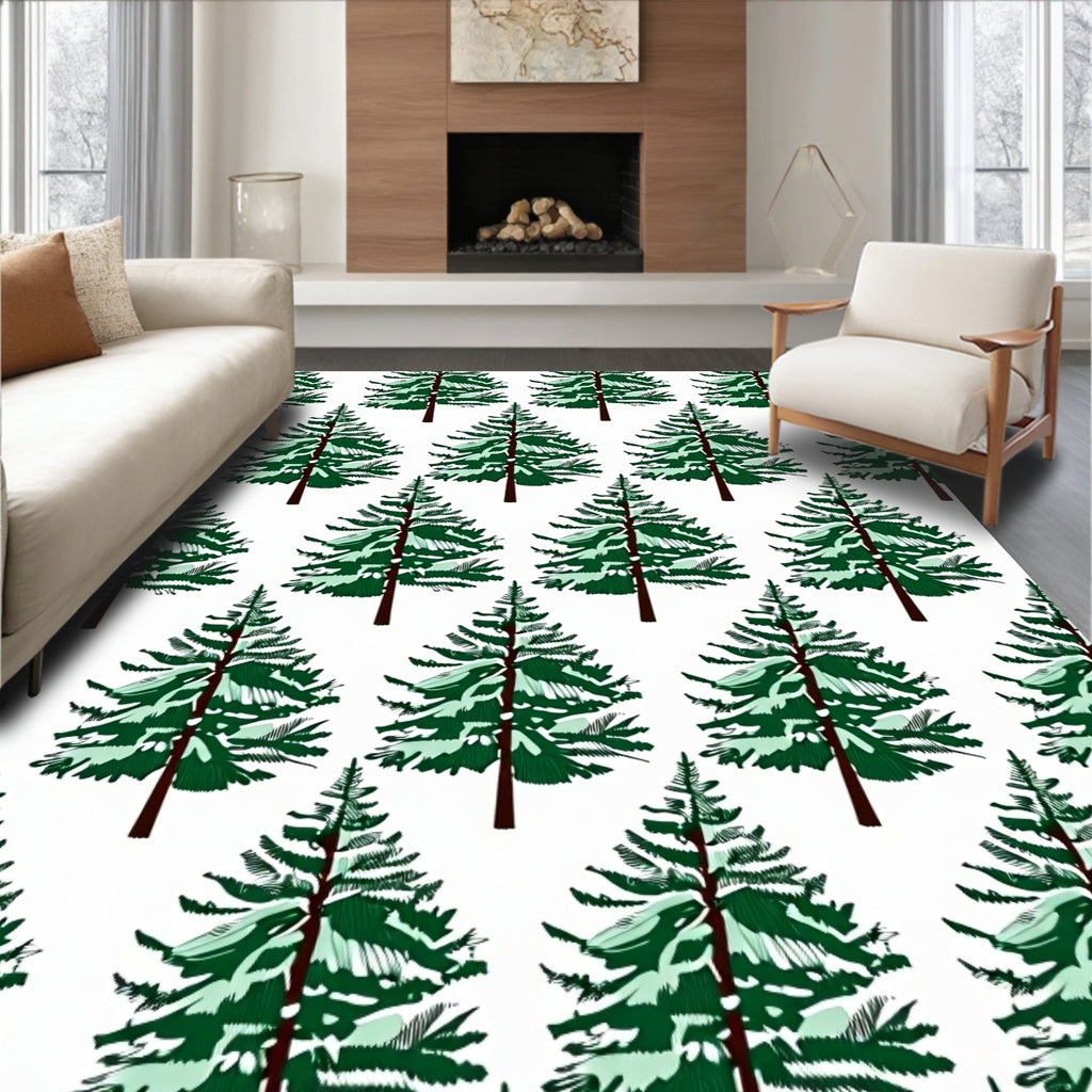 Green Snow-Covered Evergreen Pine Trees Rug