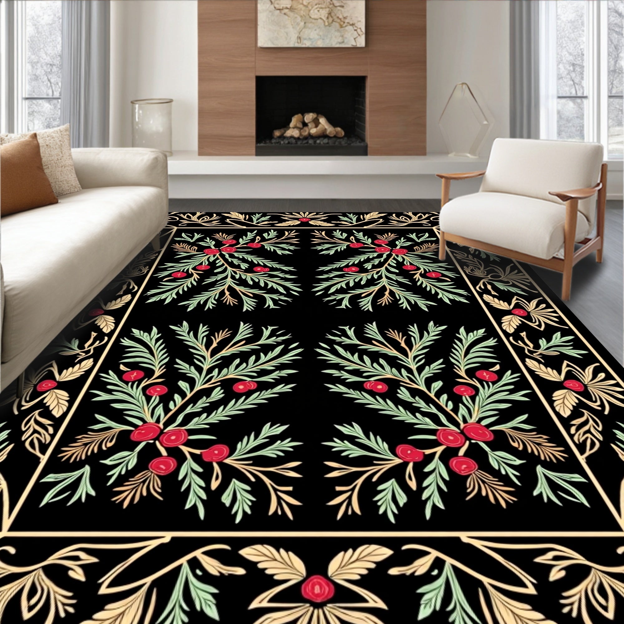 Crimson Berry Sprigs Botanical Border Rug