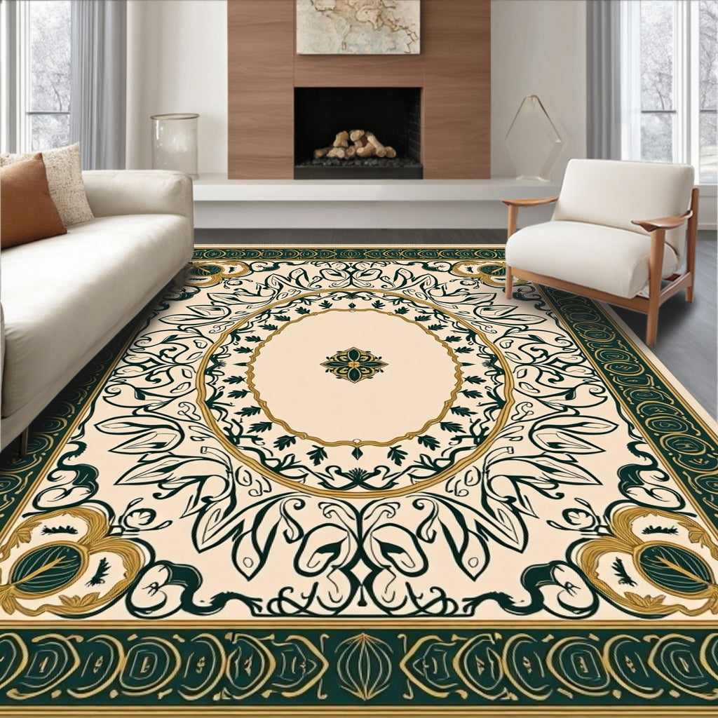 Cream Emerald Floral Oval Medallion Rug