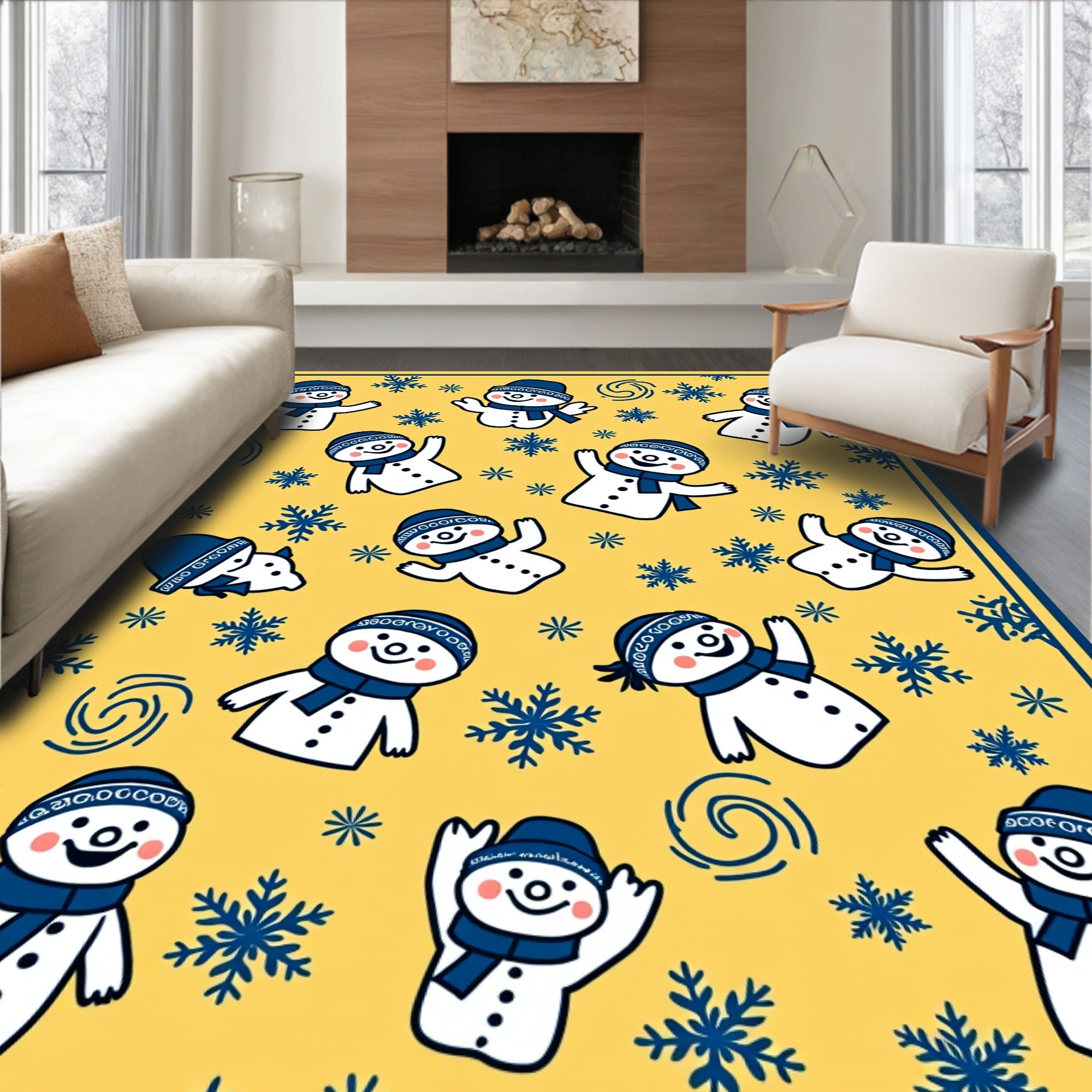 Whimsical Yellow Snowman Snowflake Collage Rug