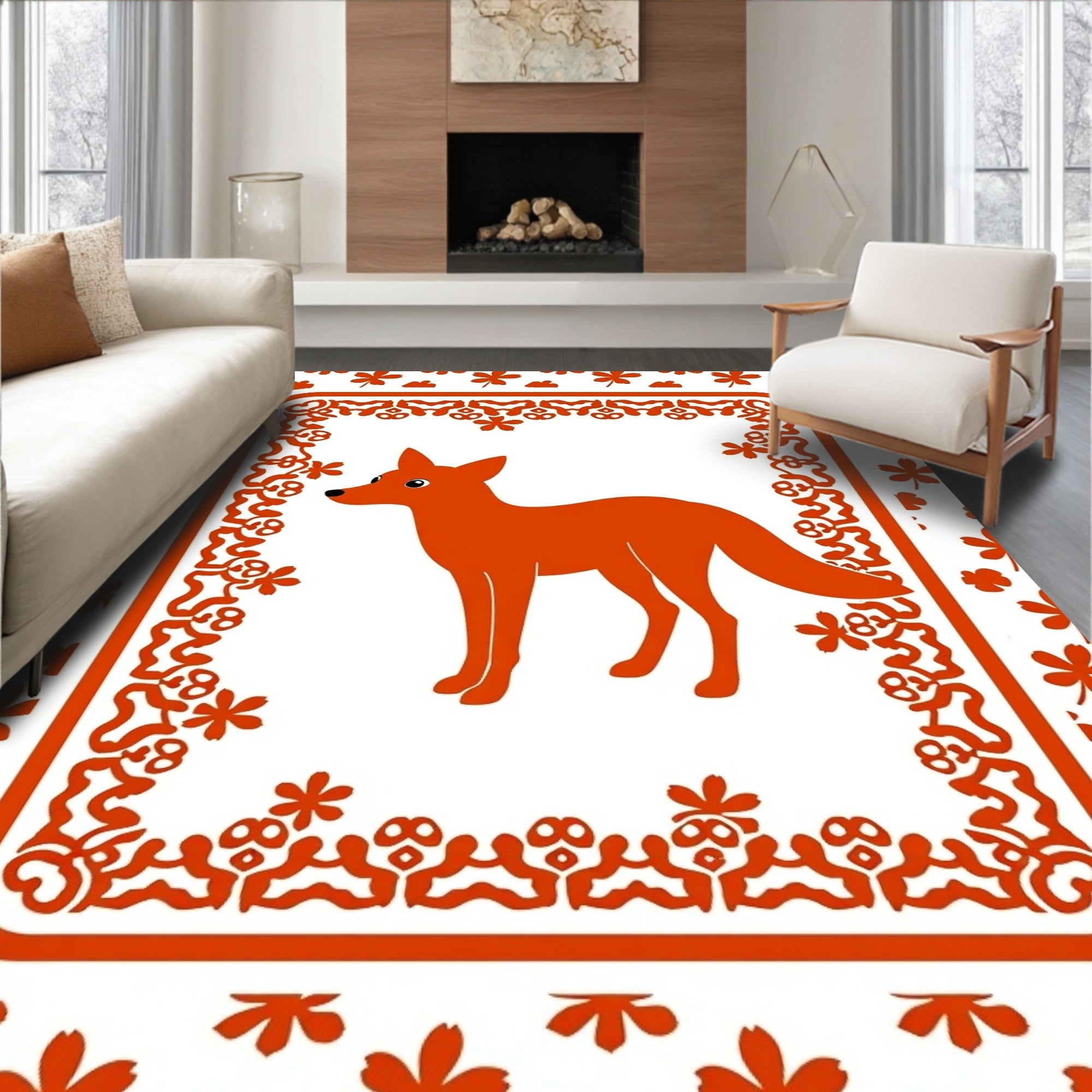Orange Fox Floral Frame Rug