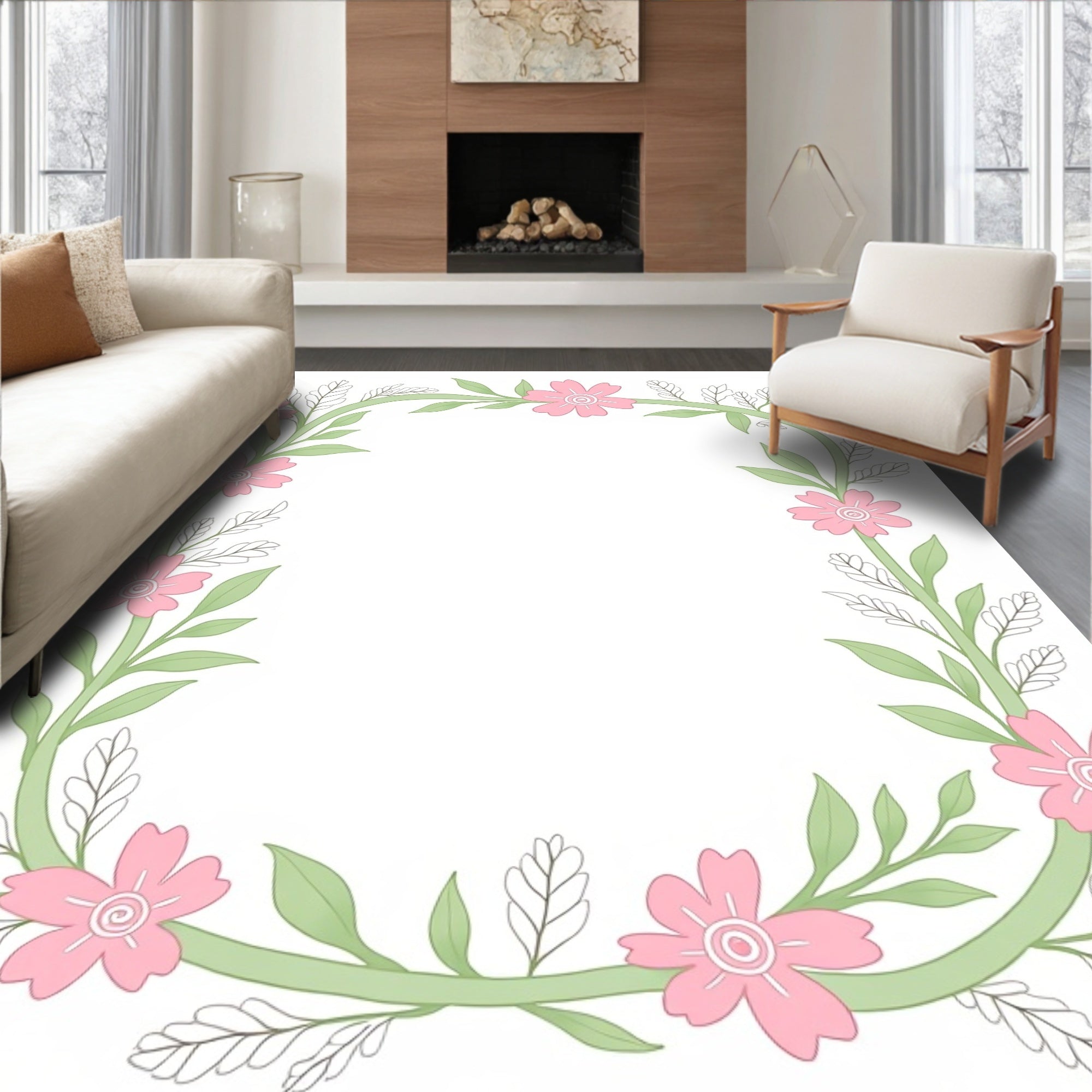 Pink Blossom Garland Border Rug