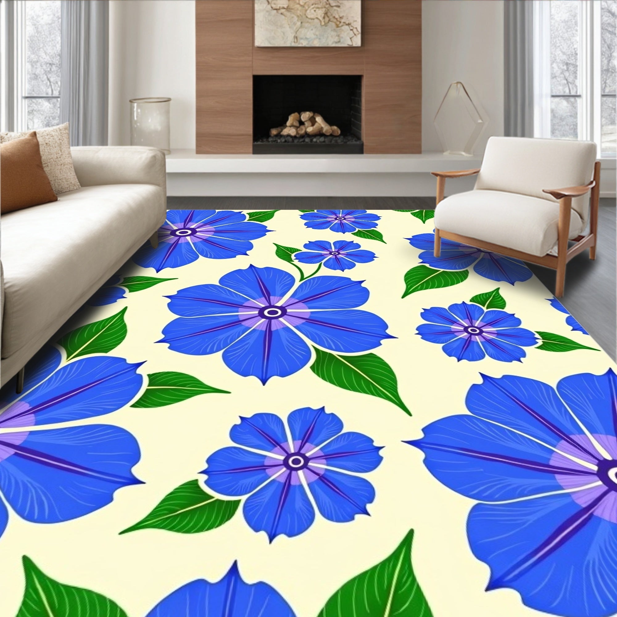 Bright Blue Floral Garden Swirls Rug