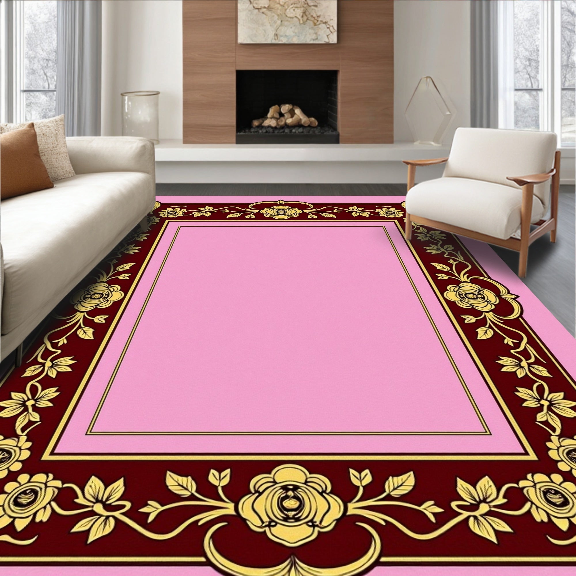 Burgundy Gold Floral Garland Frame Rug