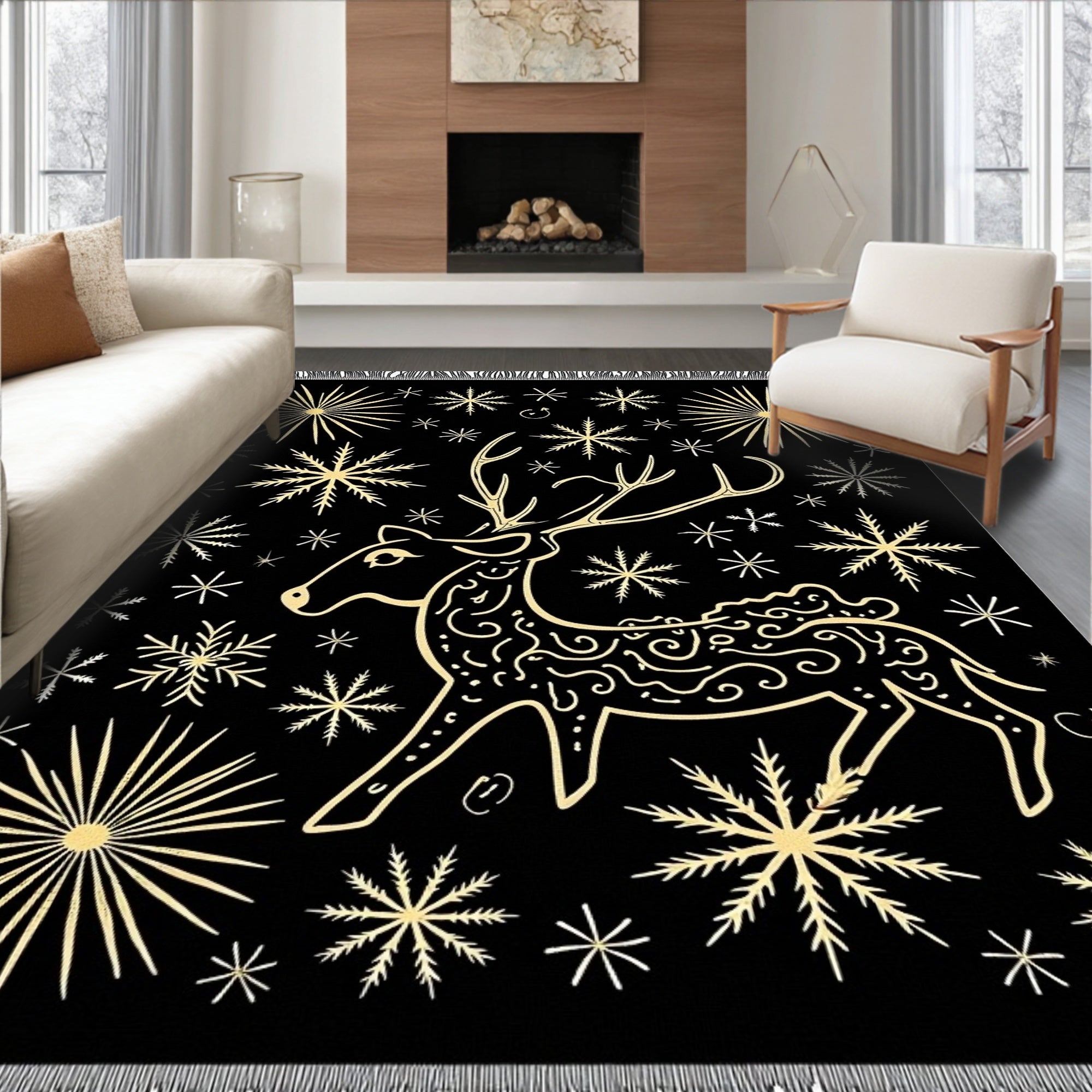 Golden Reindeer Snowflake Night Rug