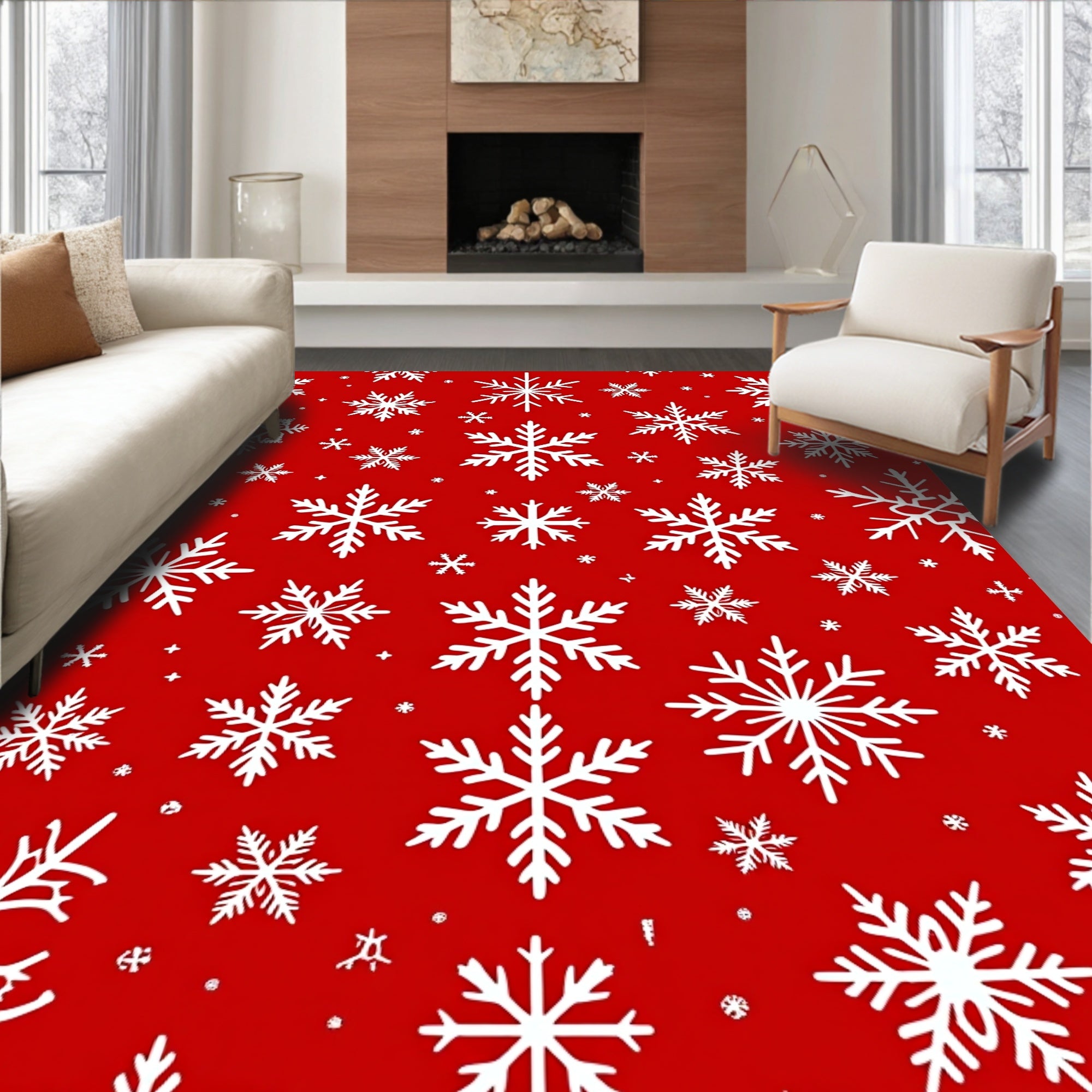 Red Snowfall With White Ice Crystals Rug