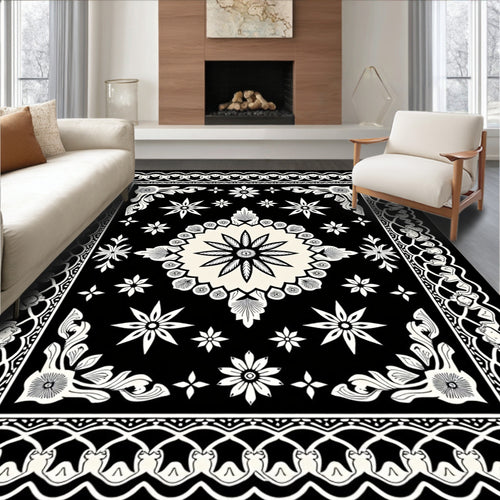 Black Cream Floral Medallion Corner Rug