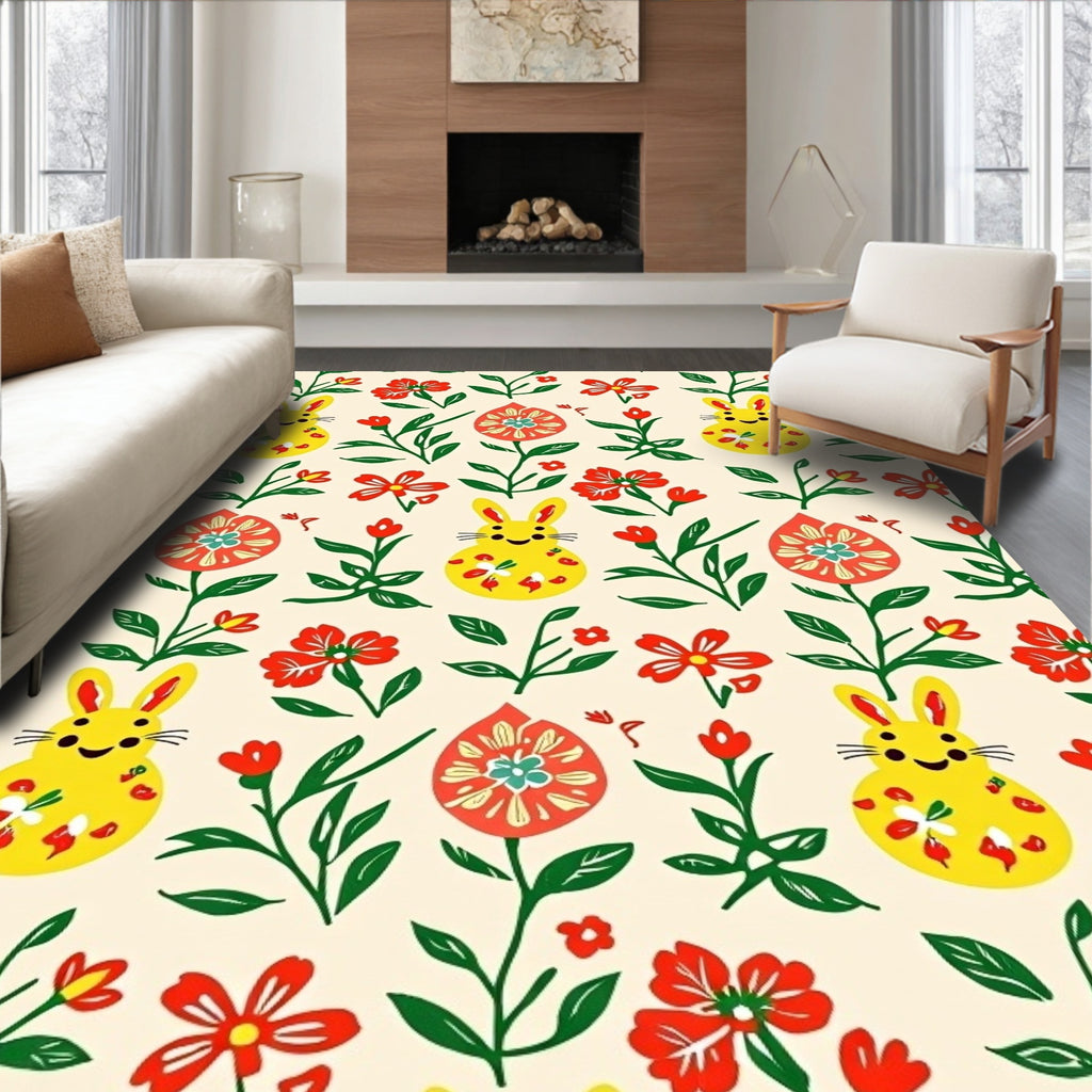 Yellow Bunny Red Floral Garden Rug