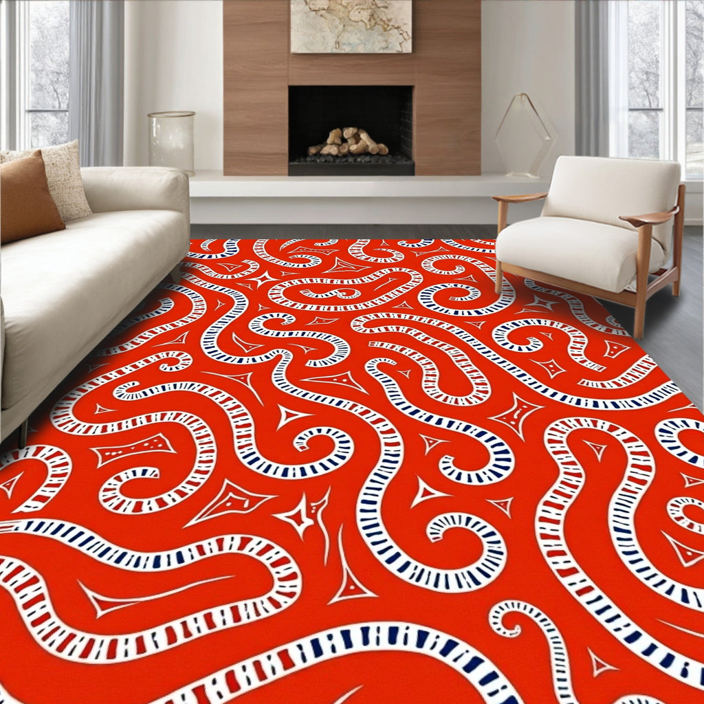 Vibrant Red Swirl Stripe Folk Art Rug