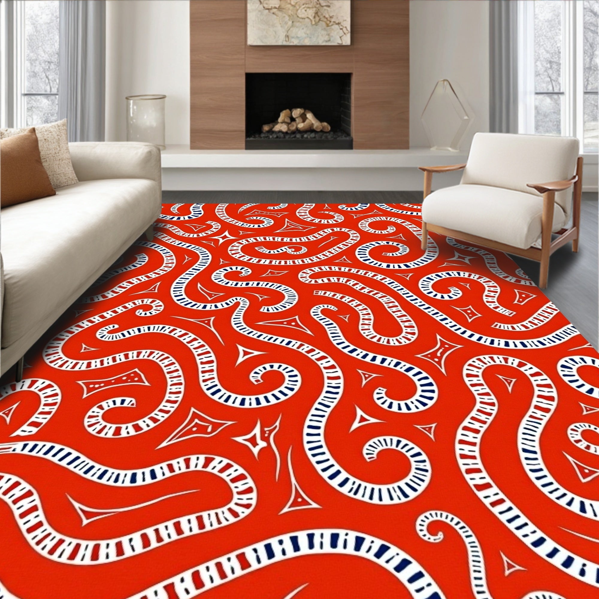 Vibrant Red Swirl Stripe Folk Art Rug